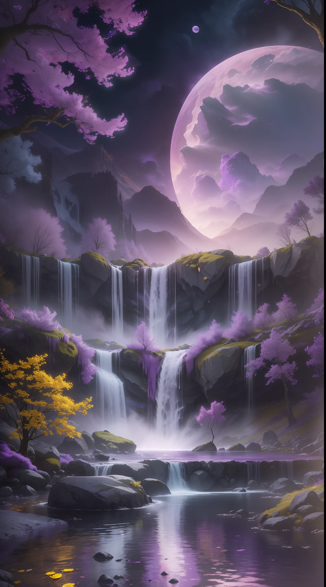 extremely detailed 8k wallpaper, subsurface scattering, dramatic lighting, magical medieval fantasy setting, natural landscape of lilac tree trunks, yellow leaves, floating rocks with waterfalls gushing out of them, purple sky with three moons, one of each color in the skies , unicorns grazing near the horizon