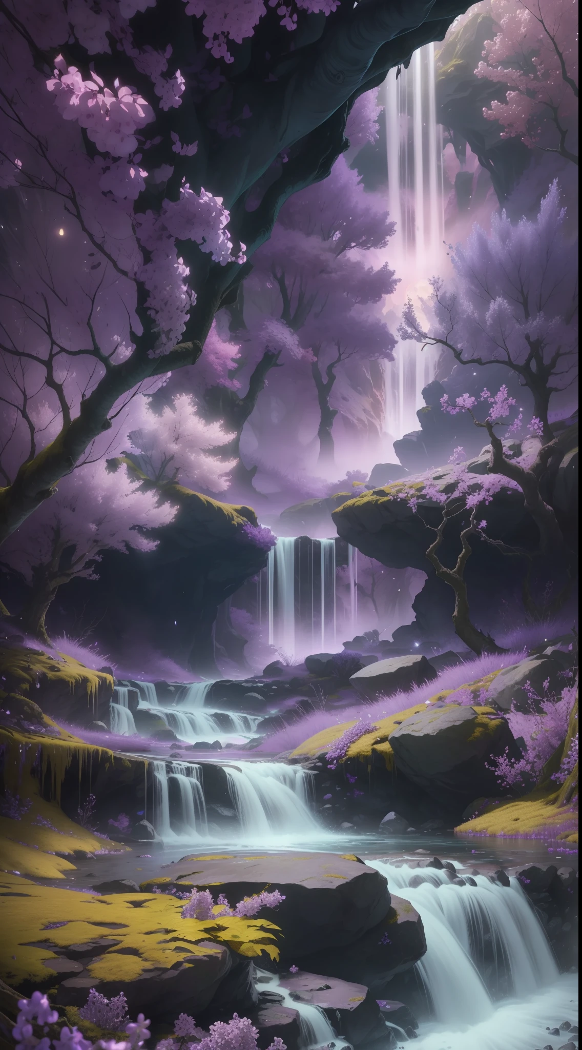 extremely detailed 8k wallpaper, subsurface scattering, dramatic lighting, magical medieval fantasy setting, natural landscape of lilac tree trunks, yellow leaves, floating rocks with waterfalls gushing out of them, purple sky with three moons, one of each color in the skies , unicorns grazing near the horizon