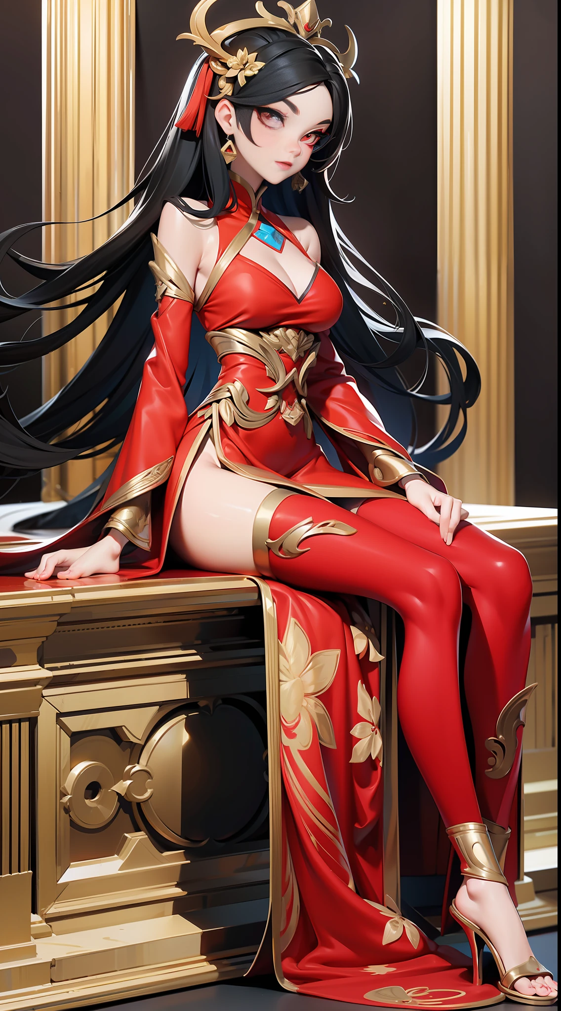 full body picture Unreal Engine 5 8K UHD of beautiful female, red Vietnamese dress with black legging, goddess, red heels, gold accessories, lovely face, beautiful make up, best quality, masterpiece
