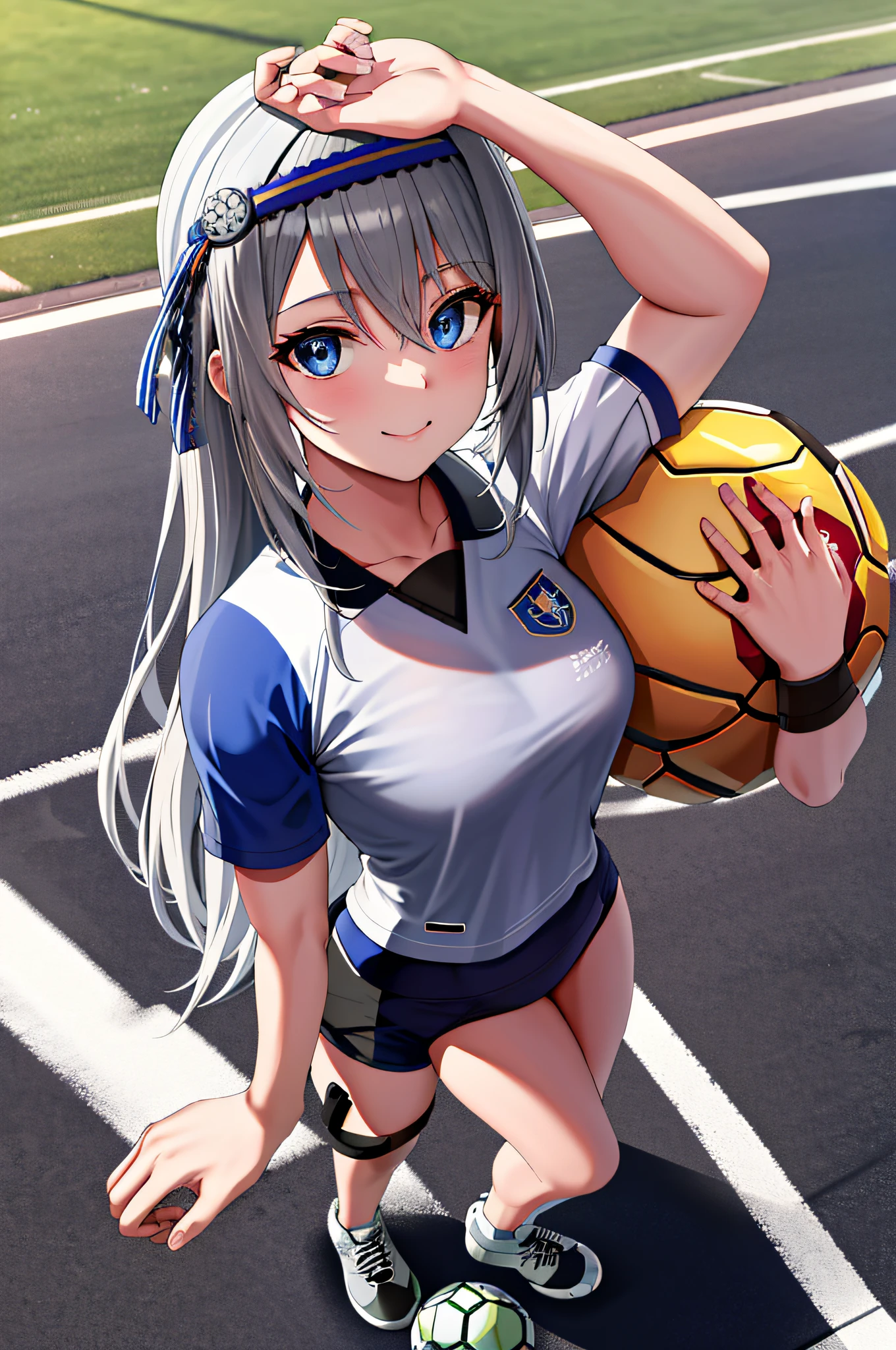 masterpiece, best quality, highres, kei1, 1girl, solo, blue eyes, long hair, (wears a Venezuelan football uniform that is called Vino tinto), ribbon, bangs, collarbone, gray hair, black hair band, neck ribbon, hair between eyes, medium breasts, cowboy shot, smile, full body anatomically correct, this on a football field patting a normal soccer ball,  Complete eScenario detallado