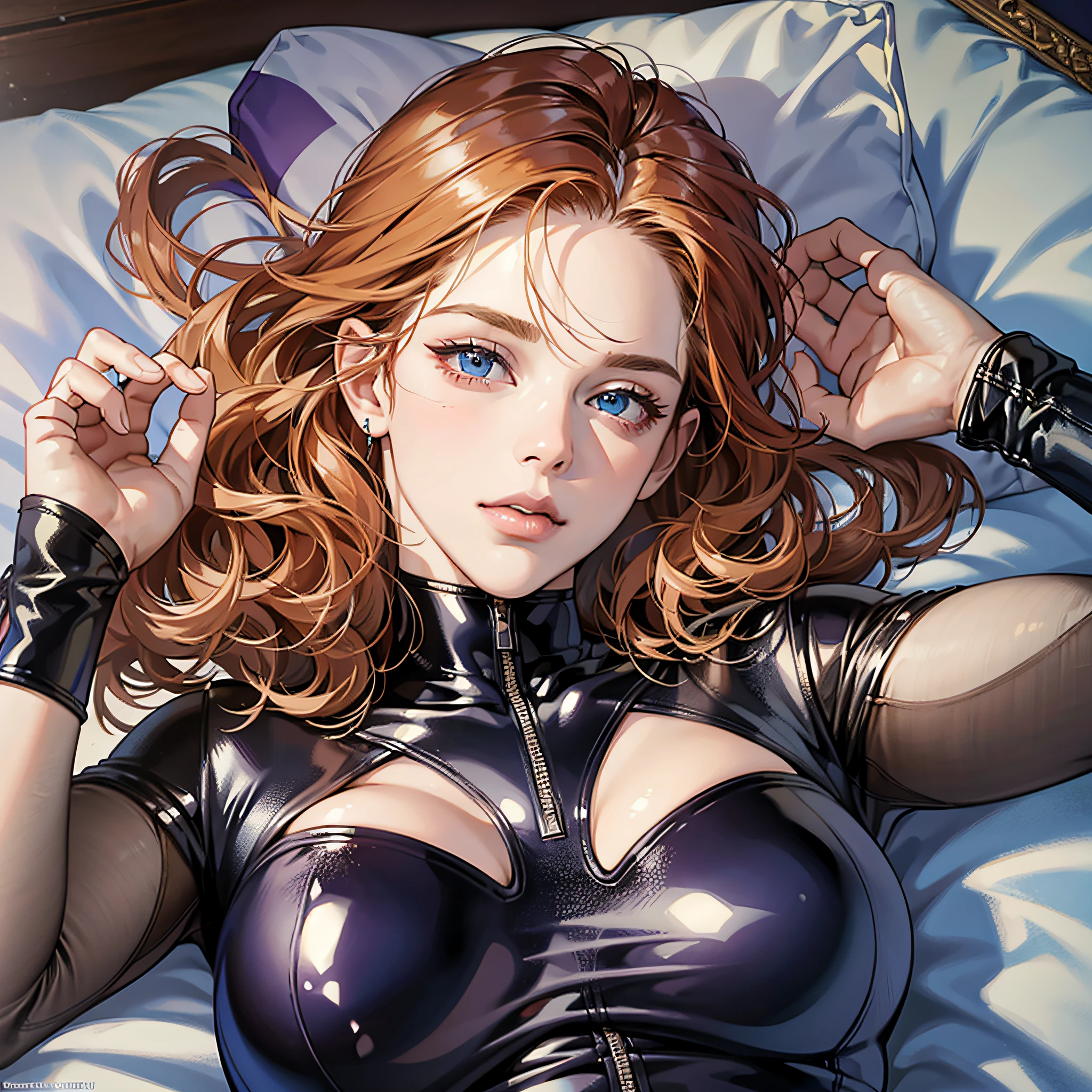 high quality, normal hands, detailed fingers,masterpiece, (realistic, photo-realistic:1.37), 22 years old woman lying on her bed , medium breast, ginger hair, glamour, blue eyes, beautiful face, perfect illumination, beautiful detailed eyes,looking at viewer, stunningly beautiful woman, detailed hairstyle, detailed background, latex full body suit, (latex), lying on back, top down view, spread legs --auto --s2
