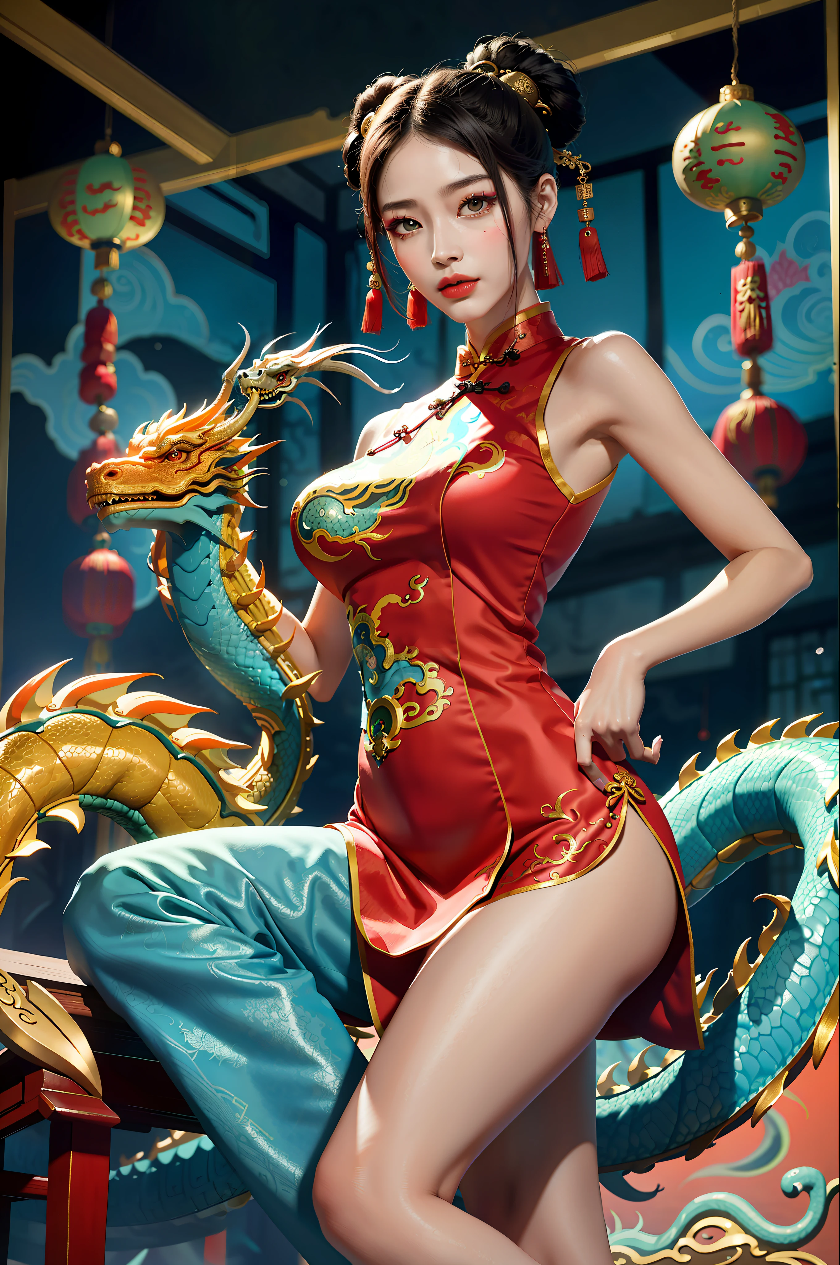 sfw, 8K original photo, best quality, masterpiece, super high resolution, film grain, film, 1girl,masterpiece,best quality,make friends with chinese dragon,fun,happy,bright,dragon,, natural skin texture, realistic eye and face details, full lips, lipstick, (makeup), red eyeshadow,ballhead, beautiful legs, tall woman, thin, slim_legs, solo, huge breasts, (colorful cheongsam), mythology, mythical beast dragon, chinese dragon, festive, chinese hairstyle, Shan Hai Sutra, perfect face, fine facial features, ((Korean face))