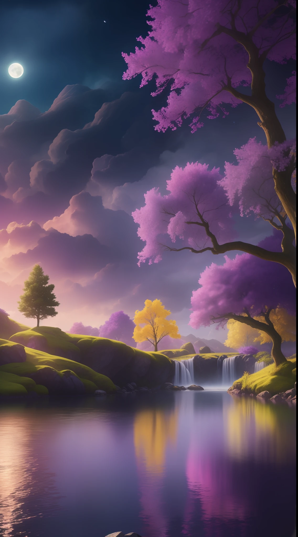 extremely detailed 8k wallpaper, subsurface scattering, dramatic lighting, magical medieval fantasy setting, natural landscape of lilac tree trunks, yellow leaves, floating rocks with waterfalls gushing out of them, purple sky with three moons, one of each color in the skies , unicorns grazing near the horizon