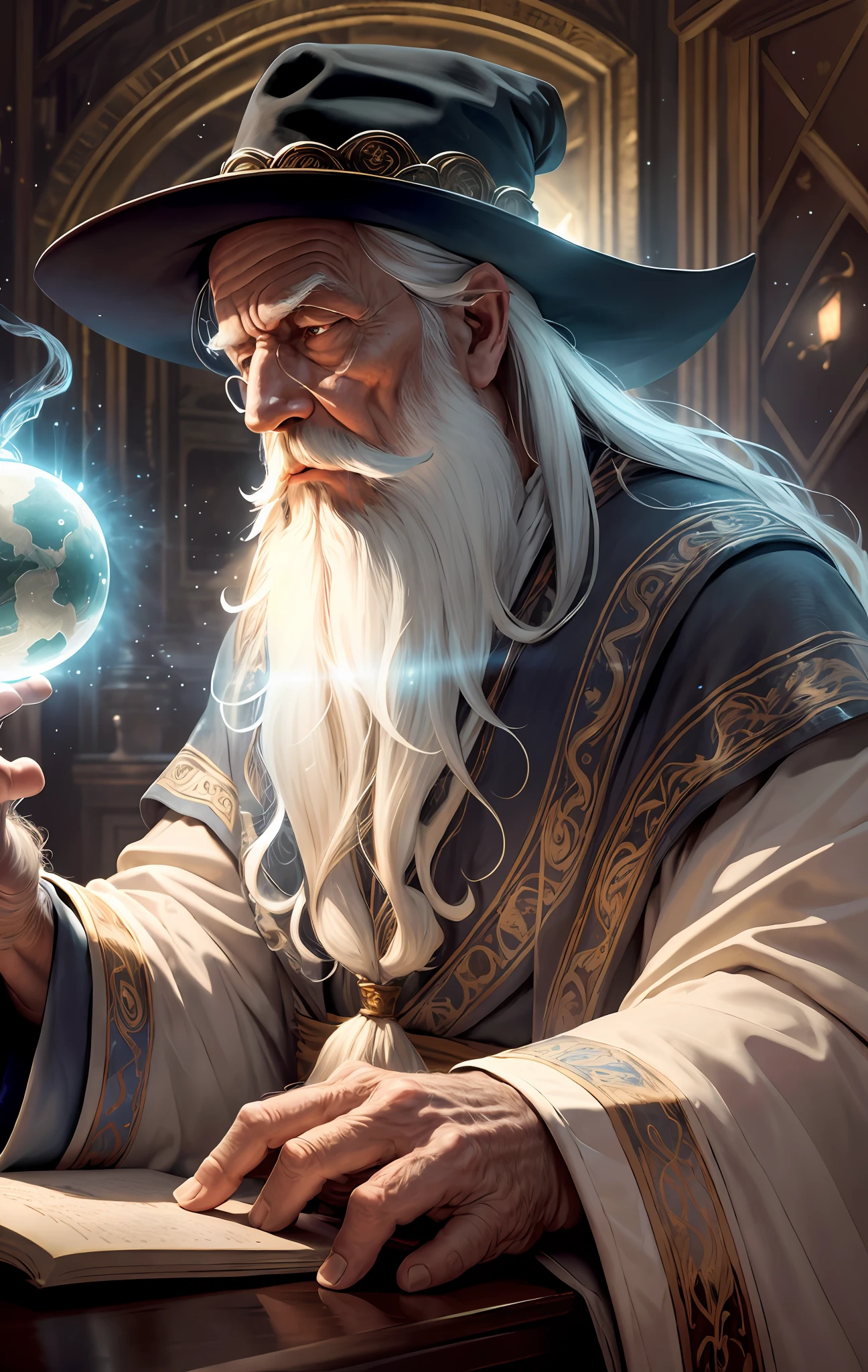 (Masterpiece:1.2), (Best Quality), Detailed, UHD, Cinematic Lighting, sharp focus, (illustration:1.1), intricate, Old Wizard with long white hair and beard, wearing a wizard's robe and hat, pondering a glowing orb, in a dimly lit room, magician's room, glowing lights, flickering lights,