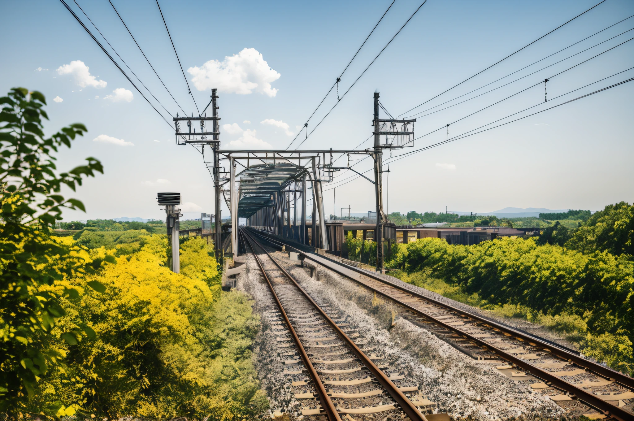 there is a train that is going down the tracks in the country, railway tracks going through it, rail tracks, train station in summer, railroad, japan rural travel, rails, platform, single line, the photo shows a large, bullet train, trains in the background, countryside in japan, in the distance, train, rail tracks lead from the mine, overhead wires
