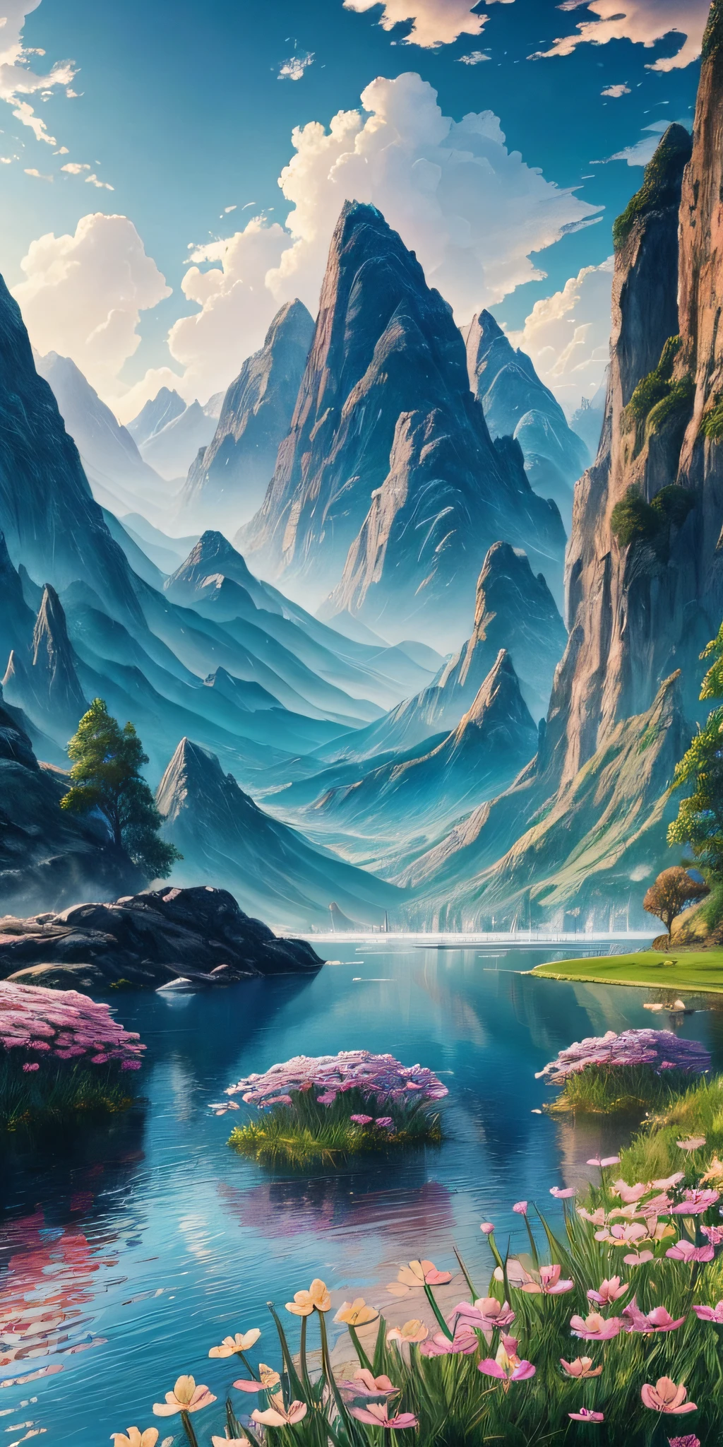 masterpiece, best quality, high quality, extremely detailed CG unity 8k wallpaper, scenery, outdoors, sky, cloud, day, no humans, mountain, landscape, water, tree, blue sky, waterfall, cliff, nature, lake, river, cloudy sky,award winning photography, Bokeh, Depth of Field, HDR, bloom, Chromatic Aberration ,Photorealistic,extremely detailed, trending on artstation, trending on CGsociety, Intricate, High Detail, dramatic, art by midjourney