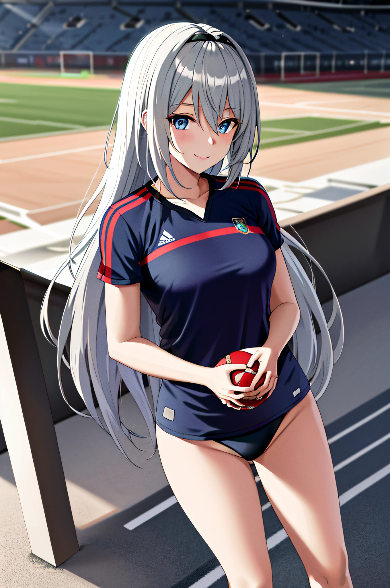 masterpiece, best quality, highres, kei1, 1girl, solo, blue eyes, long hair, (wears a Venezuelan football uniform that is called Vino tinto), ribbon, bangs, collarbone, gray hair, black hair band, neck ribbon, hair between eyes, medium breasts, cowboy shot, smile, full body anatomically correct, this on a football field patting a normal soccer ball, Complete eScenario detallado