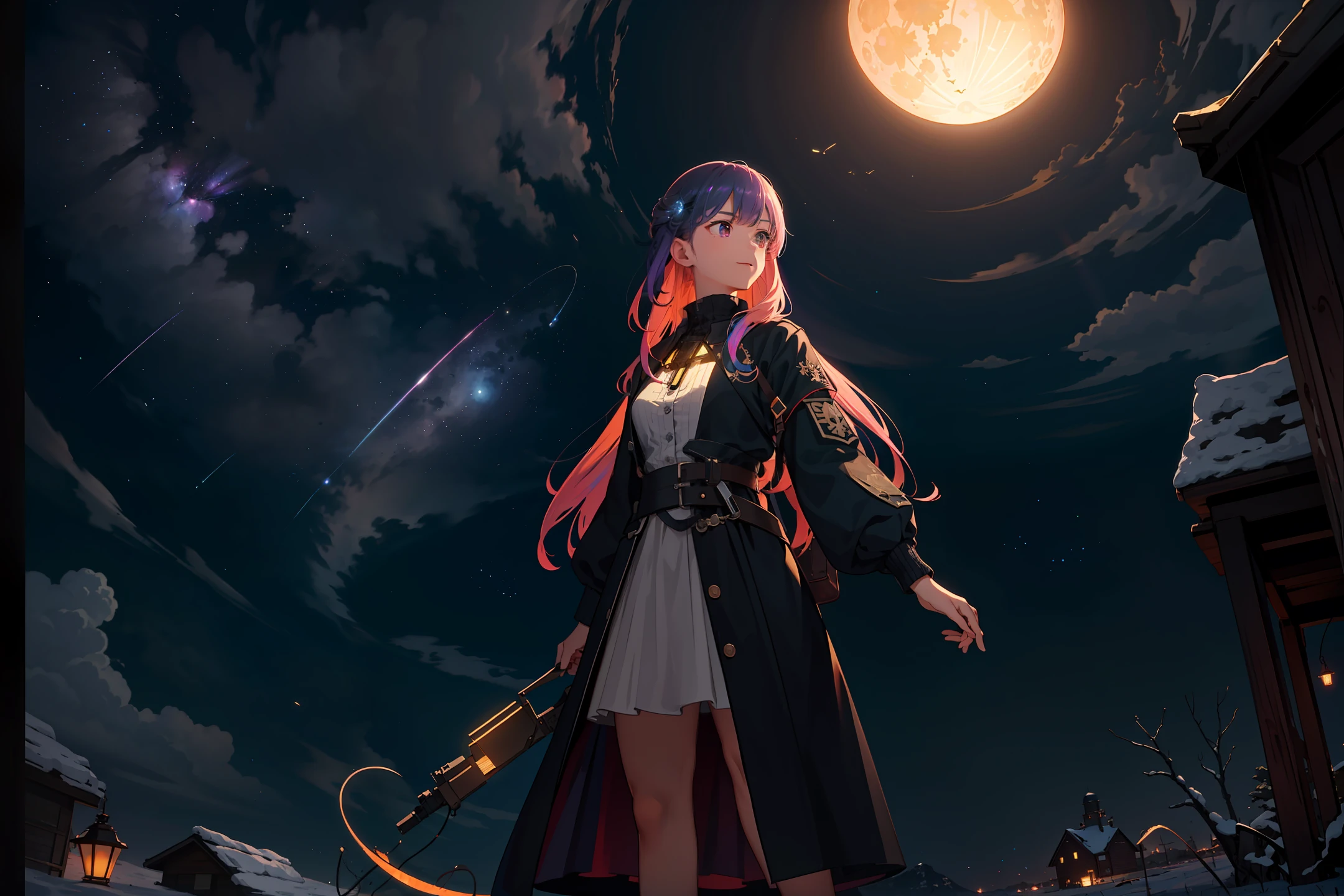 expansive landscape photograph , (a view from below that shows sky above and open field below), a girl standing on flower field looking up, (full moon:1.2), ( shooting stars:0.9), (nebula:1.3), distant mountain, tree BREAK
production art, (warm light source:1.2), (Firefly:1.2), lamp, lot of purple and orange, intricate details, volumetric lighting BREAK
(masterpiece:1.2), (best quality), 4k, ultra-detailed, (dynamic composition:1.4), highly detailed, colorful details,( iridescent colors:1.2), (glowing lighting, atmospheric lighting), dreamy, magical, (solo:1.2)