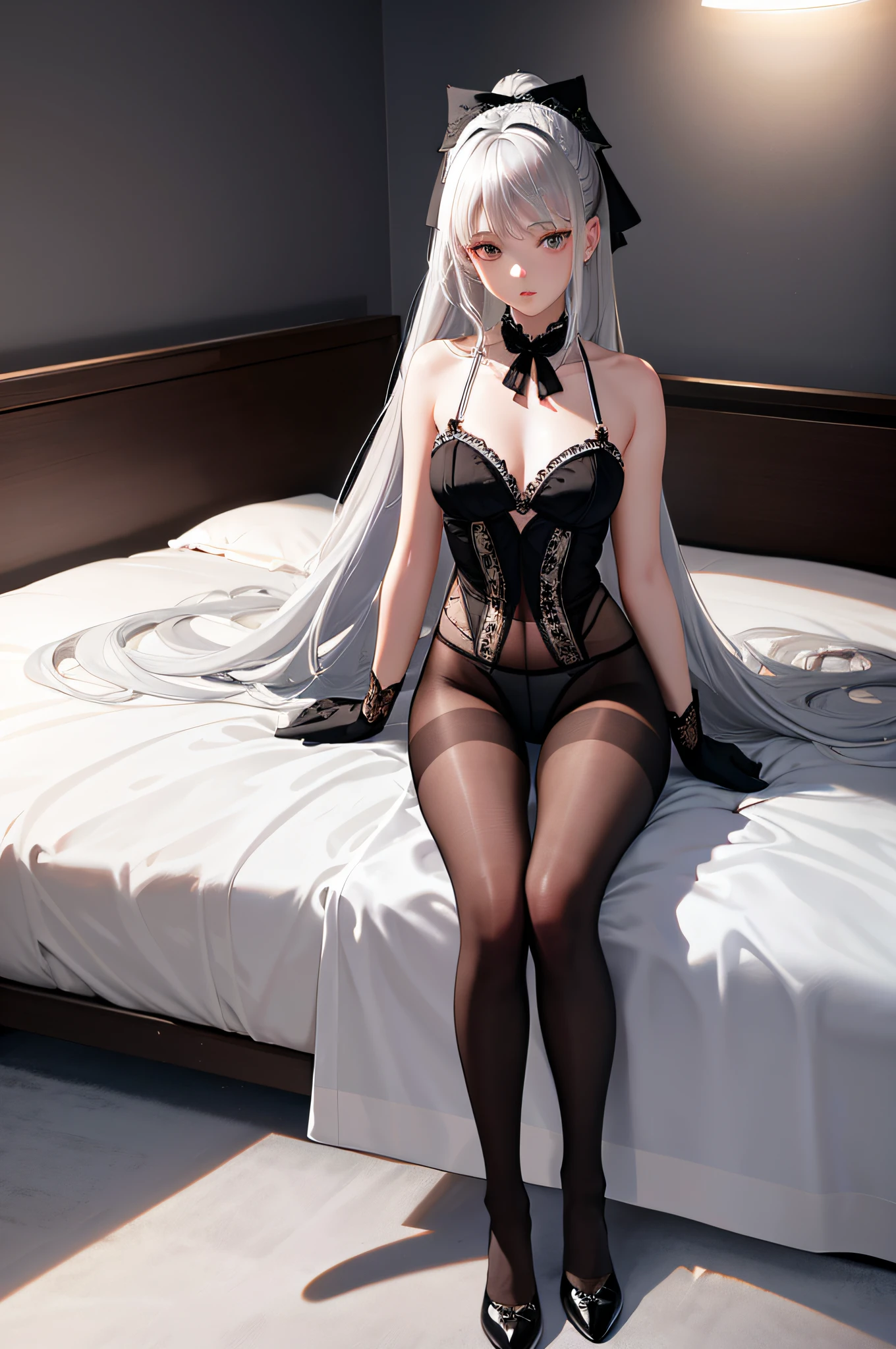 (((1 girl)),ray tracing,(dim lighting),[detailed background (bedroom)),((silver hair)),((silver hair)),(Fluffy silver hair, plump slender girl)) with high ponytail)))) Avoid blonde eyes in the ominous bedroom ((((Girl wears intricately embroidered black high-waisted pants with pantyhose) and white ruffled bow gloves), showing a delicate slim figure and graceful curves, correct limbs, sitting on the bed