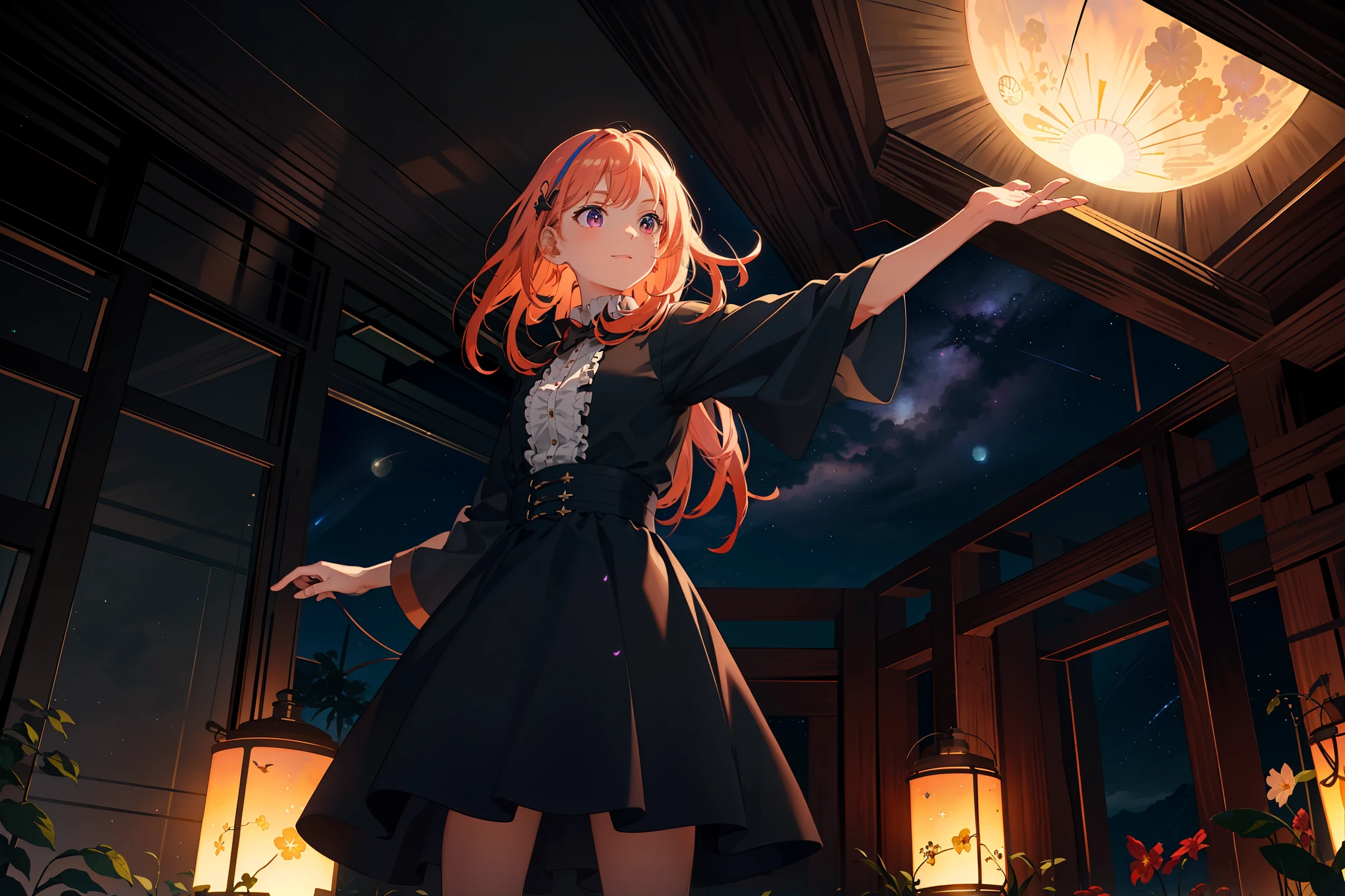 expansive landscape photograph , (a view from below that shows sky above and open field below), a girl standing on flower field looking up, (full moon:1.2), ( shooting stars:0.9), (nebula:1.3), distant mountain, tree BREAK
production art, (warm light source:1.2), (Firefly:1.2), lamp, lot of purple and orange, intricate details, volumetric lighting BREAK
(masterpiece:1.2), (best quality), 4k, ultra-detailed, (dynamic composition:1.4), highly detailed, colorful details,( iridescent colors:1.2), (glowing lighting, atmospheric lighting), dreamy, magical, (solo:1.2)