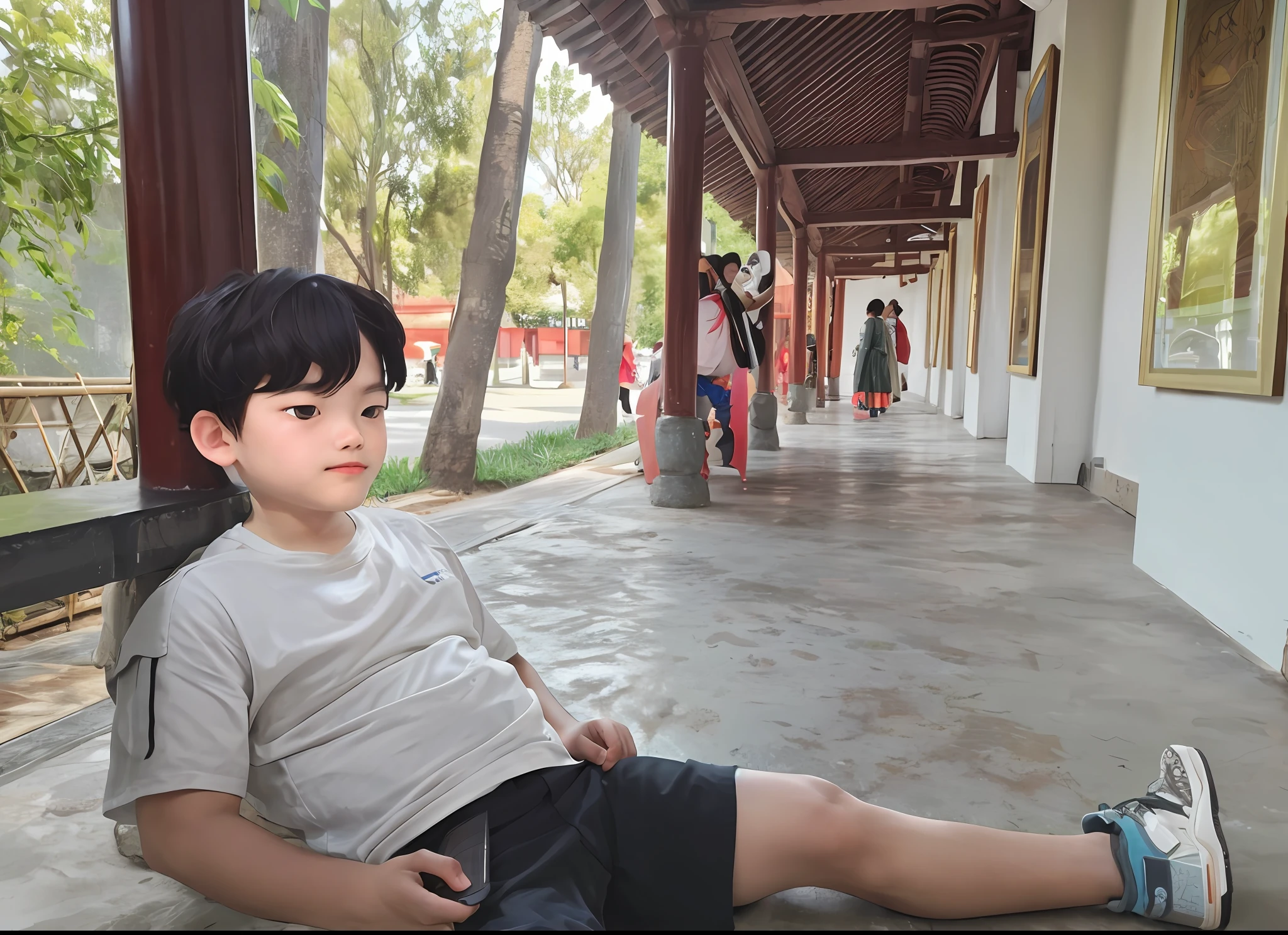 There is a cartoon boy sitting on the ground with his feet up, wearing a fighter mech, a work of art in the style of Guvez, inspired by Ding Yunpeng, in a museum, in the ancient city,