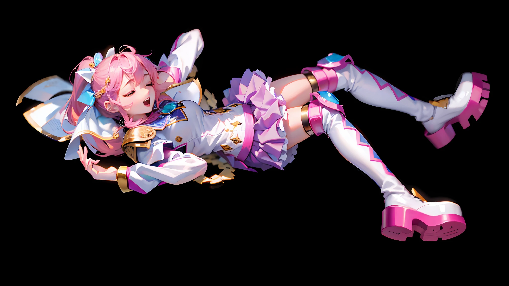 (lora:QuickHand:1.2), (Masterpiece: 1.5), (Best quality: 1.5), 8k, (Perfect Hand: 1.5), 1 girl, Perfect hand, (closed eyes: 1.5), open mouth, scream, pink hair, single ponytail, white top, pink pleated skirt, pink over-the-knee socks, white long boots, (no background: 1.5), skinny legs, fall
