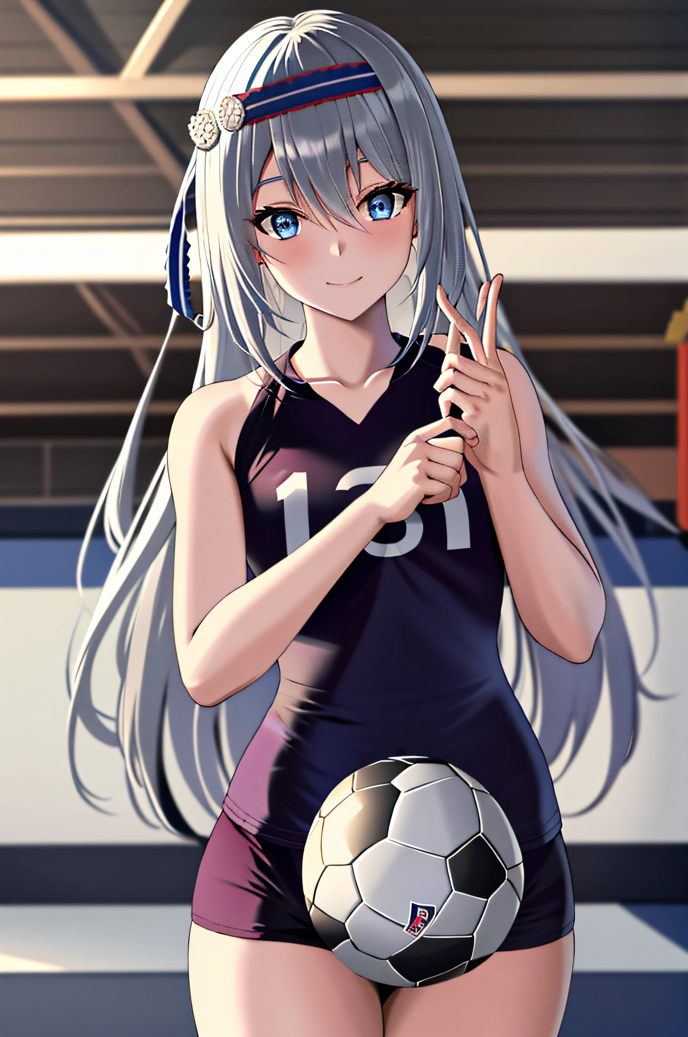 masterpiece, best quality, highres, kei1, 1girl, solo, blue eyes, long hair, (wears a Venezuelan football uniform that is called Vino tinto), ribbon, bangs, collarbone, gray hair, black hair band, neck ribbon, hair between eyes, medium breasts, cowboy shot, smile, full body anatomically correct, this on a football field patting a normal soccer ball,  Complete eScenario detallado