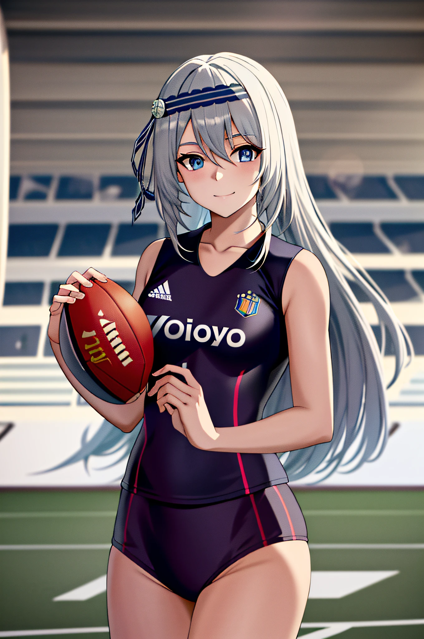 masterpiece, best quality, highres, kei1, 1girl, solo, blue eyes, long hair, (wears a Venezuelan football uniform that is called Vino tinto), ribbon, bangs, collarbone, gray hair, black hair band, neck ribbon, hair between eyes, medium breasts, cowboy shot, smile, full body anatomically correct, this on a football field patting a normal soccer ball, Complete eScenario detallado