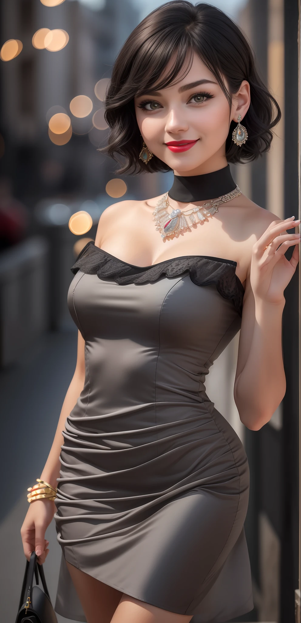 Best quality, masterpiece, high_res, girl, hair decoration, necklace, jewelry, beautiful detailed face, gray eyes, red full lips, big smile, face makeup, black hair, 
Short Hair, International Fashion, High Wear, Full Body Cover, Tight Dress, Full Body Detailed, Europe Effect, Multiplicity, Realistic Photos, Edge Lighting, Two-Tone Lighting, (High Detail Skin: 1.2), 8K UHD, DSLR, Soft Lighting, High Quality, Volumetric Lighting, Candid, Photography, High Resolution, 4K, 8K, Bokeh, Ridiculous,