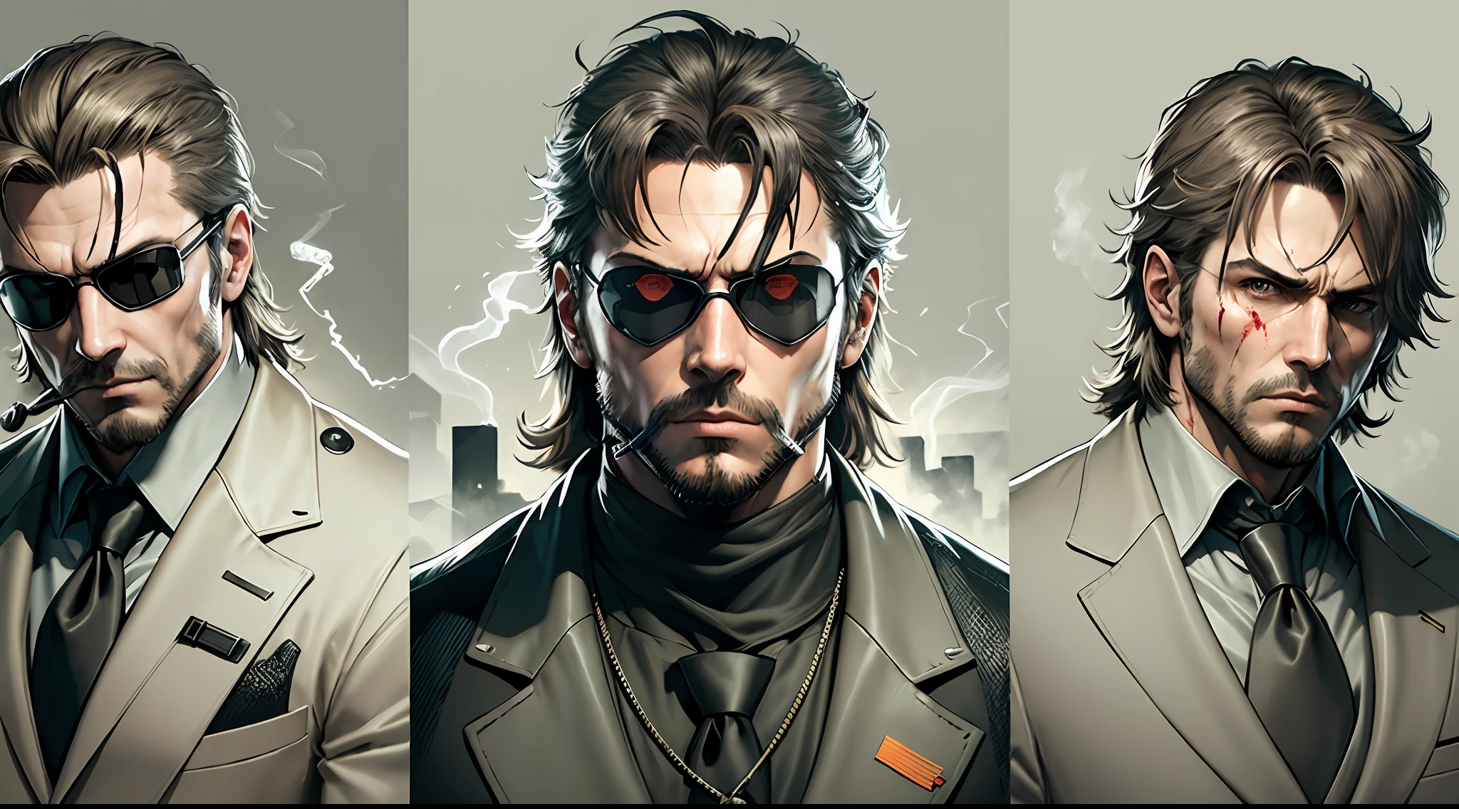 metal gear,metal gear solid,solid snake,metal gear solid solid snake,art hyperrealism,dark,dark background,suit,business suit,smokie,tuxedo,smoking a cigarette,wearing gloves,blood on face,snake,hyperrealistic --auto --s2