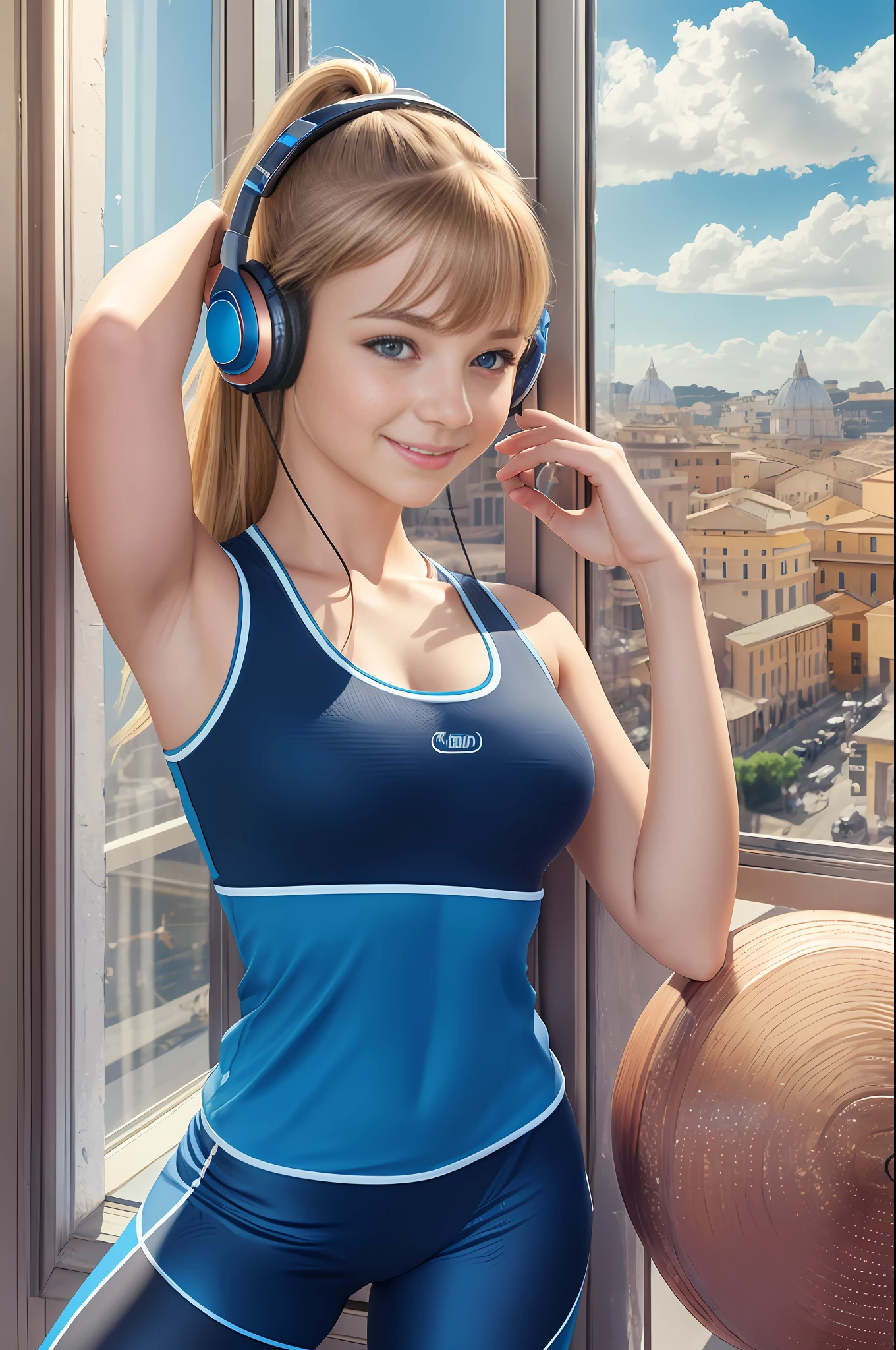 absurdres, RAW photo, highest quality, (masterpiece: 1.3), high detail RAW color photo, professional photo, extremely detailed CG 8k wallpaper unit, photo-realistic, realistic, RAW photo, masterpiece, best quality, highres, illustration,
1girl, 19 YEARS old, tall, random hairstyle, blonde hair with bangs, medium length, thin legs, beautiful face perfect realistic, beautiful blue eyes detailed, fair skin, texture of detailed skin, very small , small butt, biful body, smile, blue prescription glasses. Elegant. Wired headphones. Dancing.
(Gym top and leggings, simple design), girl's room, Rome landscape in the window, sun