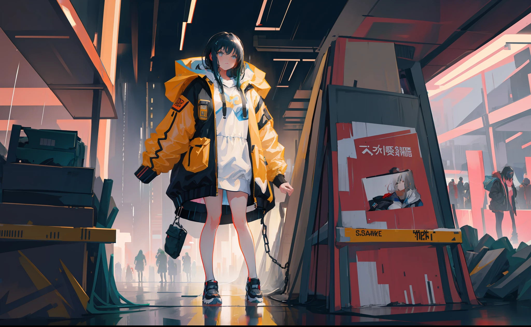 1girl, jacket, rain, outdoor, hoodie, open jacket, chain, backpack, messy hair, trend on artstation, 8k resolution, very detailed, anatomically correct, clear picture Cyberpunk Korean casual wear heavy rain casual clothes tall leg length modern technology Exquisite face