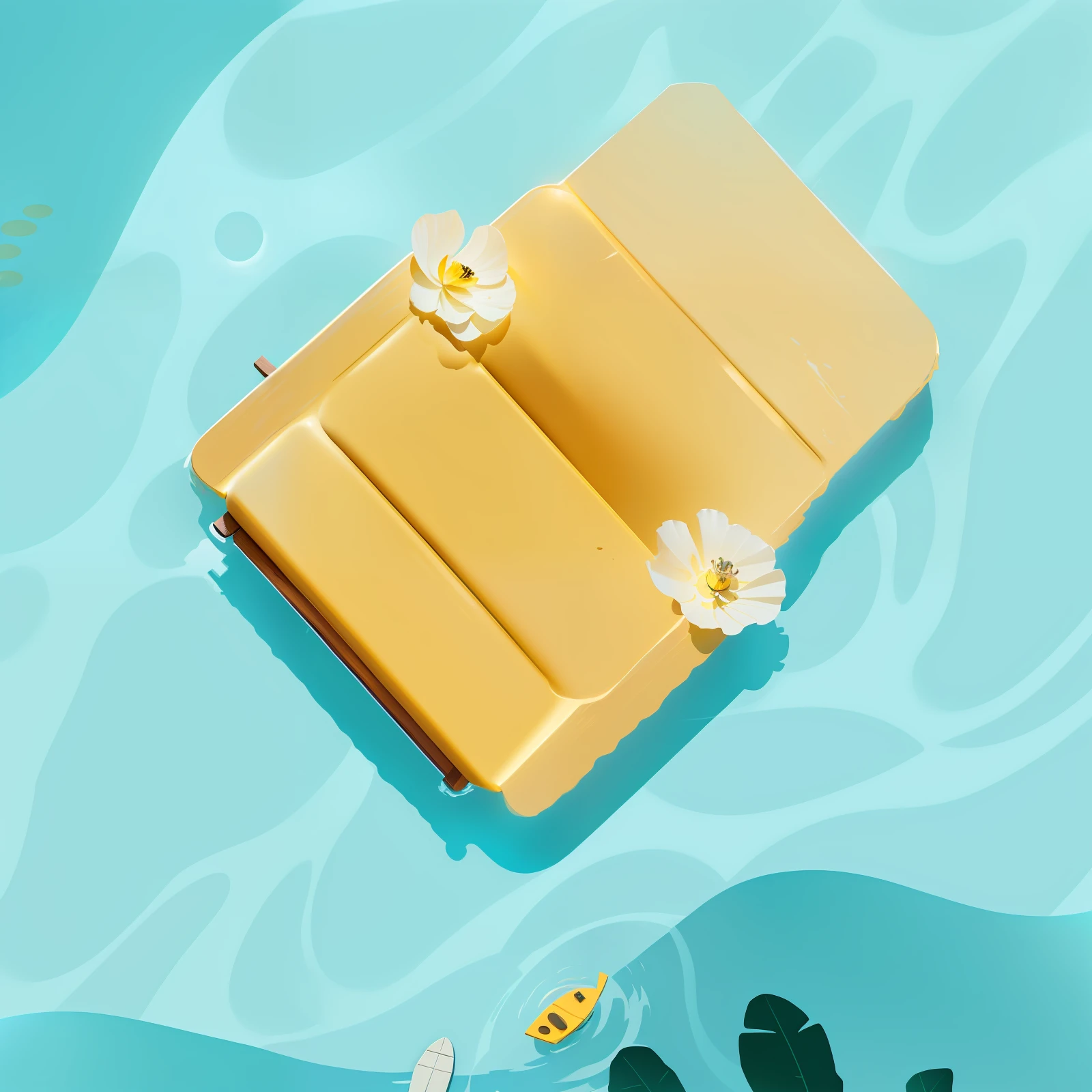 Yellow function side chair floating above the water, sunbathing, illustration, floating, looking down , floating in the ocean, floating on the ocean, floating in the water, wooden handle, flat illustration, 2 D illustration, 2d illustration, 2.5 D illustration, stylized digital illustration, digital illustration, dramatic floating pose, fantastic illustration
