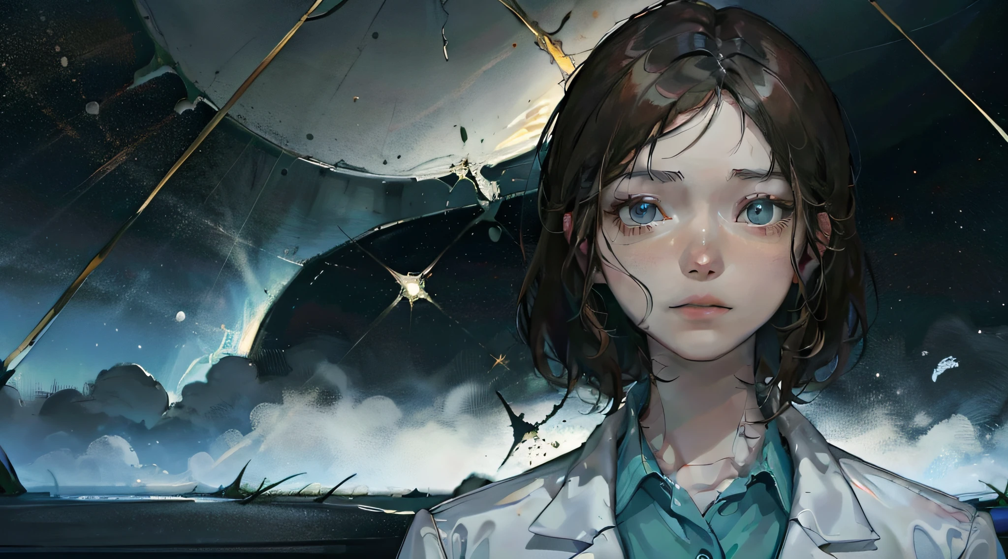 Doctors in a laboratory, looking under the microscope, destroyed environment, broken glass everywhere, realistic image, cinematic, dark, sad doctors.