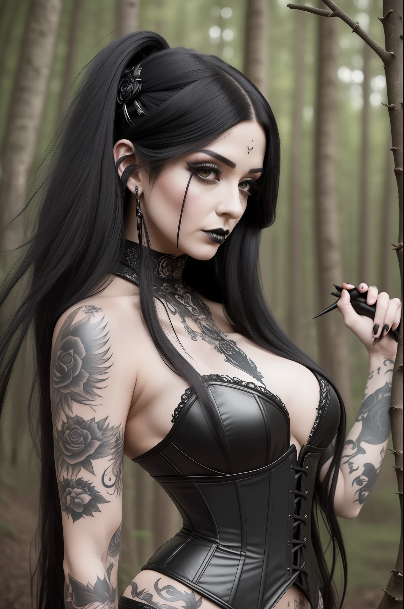 masterpiece, best quality, {30 year old woman}, long black hair, expressionless, windswept hair, black leather corset, black lipstick, detailed eyes, forest background, black tattoos on the arm, central lip ring {eroticism 1.5}, goth, demonic wings