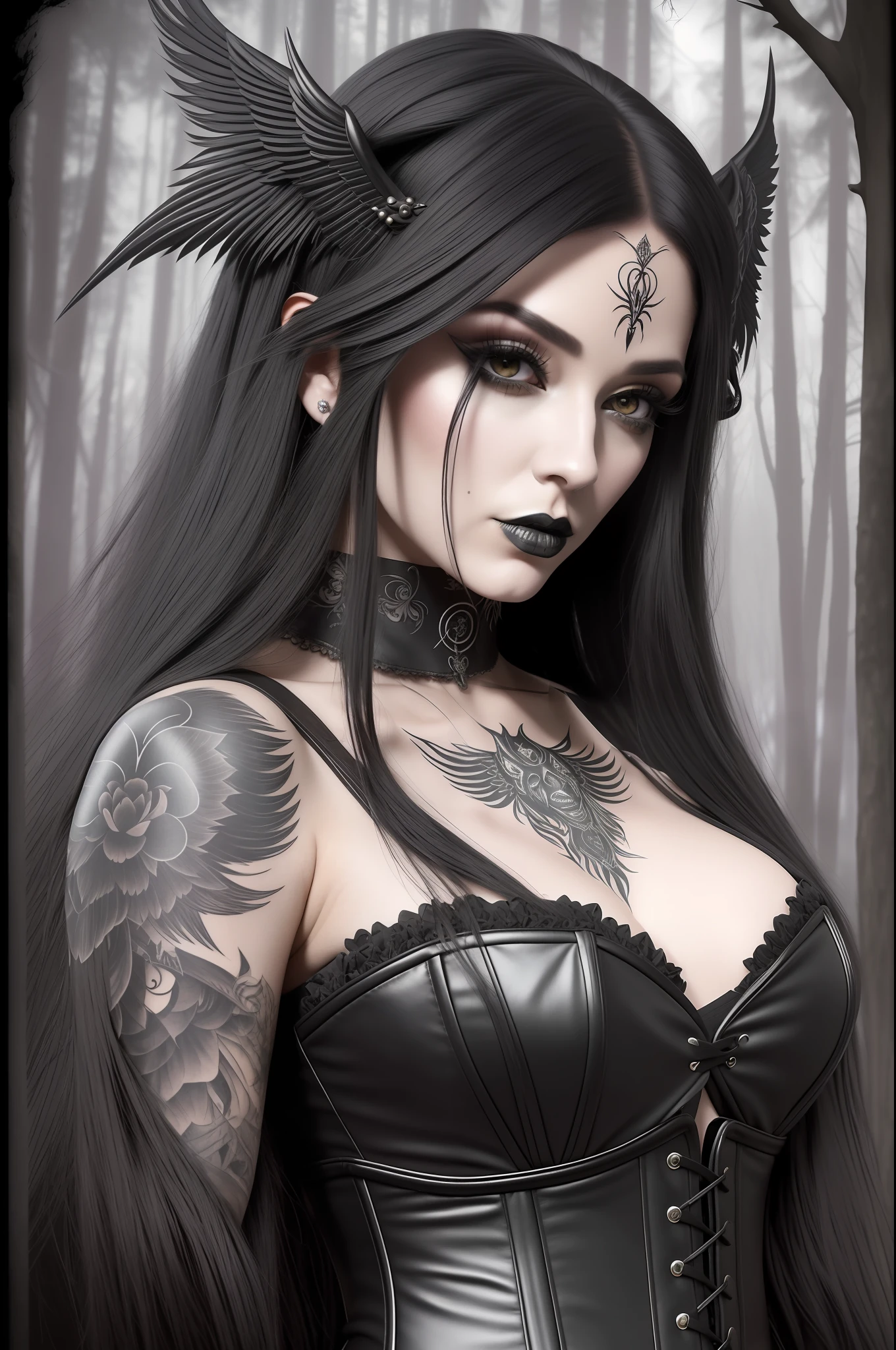 masterpiece, best quality, {30 year old woman}, long black hair, expressionless, windswept hair, black leather corset, black lipstick, detailed eyes, forest background, black tattoos on the arm, central lip ring {eroticism 1.5}, goth, demonic wings