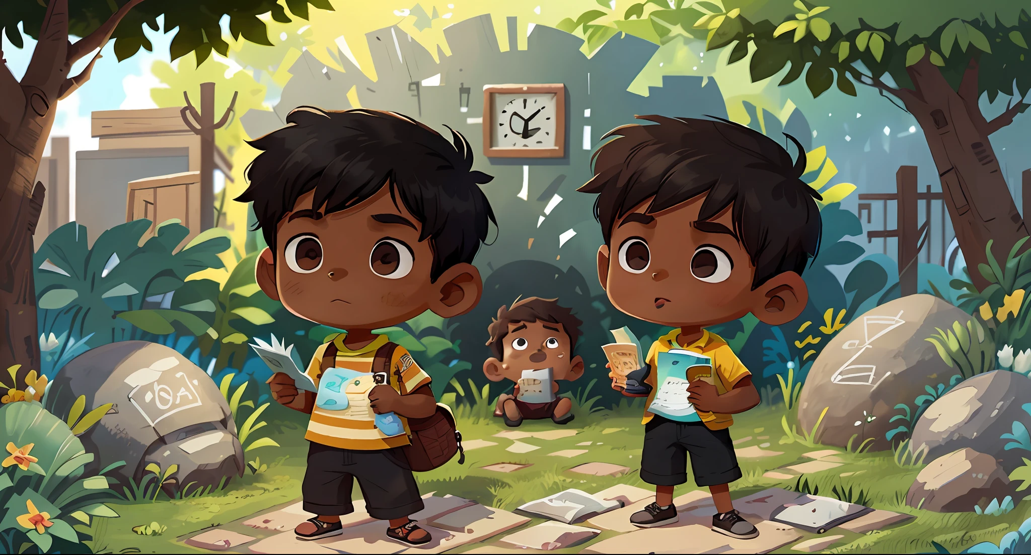 a brown boy of black color holding a map in his hands he is in the backyard of his house sosinho, he is with a face of impresionamento for you found the map