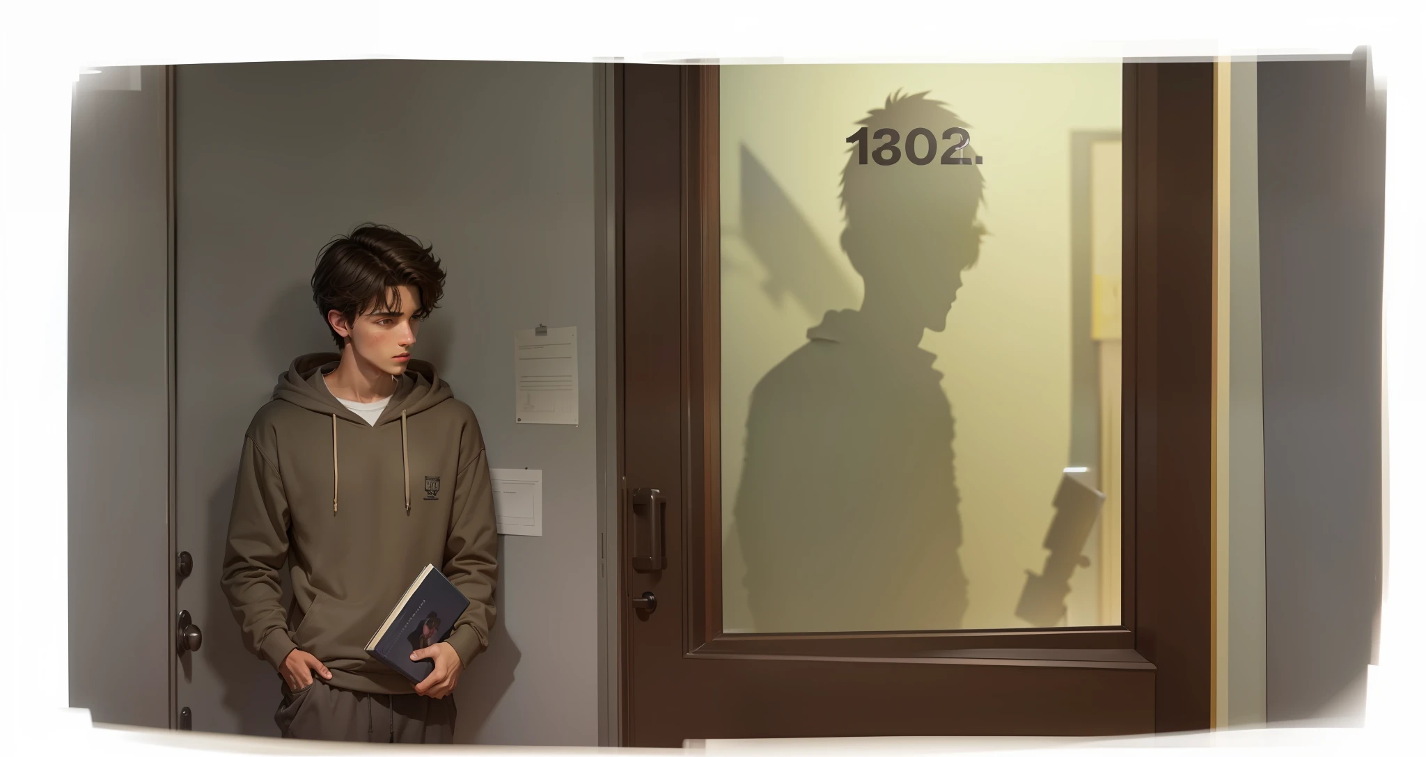 4k, realistic, very detailed, teenage male, dark brown hair, is in a gray sweatshirt, holding a book, near the door of a classroom. Ple glass, you can see the silhouette of a man, you can not see the face