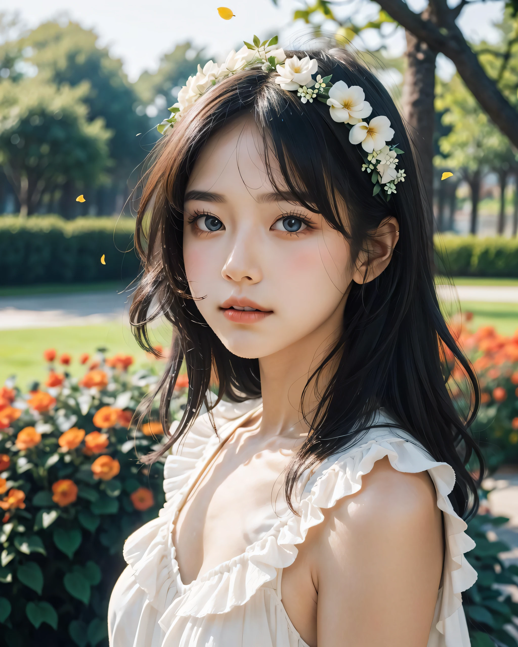 1girl, flowing sundress, floral headpiece, delicate makeup, (luminous eyes, smooth skin texture, gentle facial expression), golden hour lighting, serene garden setting, butterflies or flower petals, depth of field, warm color palette, whimsical atmosphere, high-resolution, soft focus.
portrait photography, 35mm film, natural blurry, filmg,
