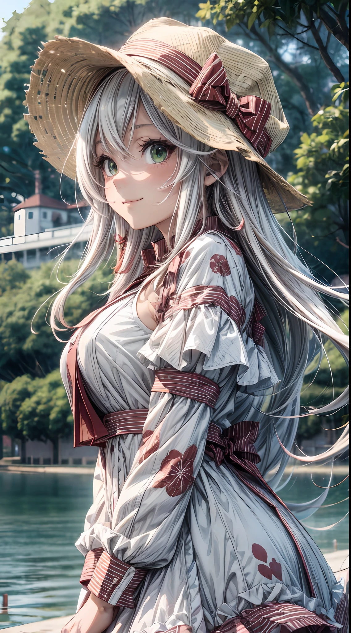 anime style, young woman, beautiful, 1girl, (dreamy big eyes), wearing salmon dress, wearing summer hat, (long white hair), (green eyes), large breasts, smile, lips, in a park, watching fish in a lake, hair floating in the wind, sunlight, cinematic lighting, best qualiy, 8k, high definition, ((better hands)),
