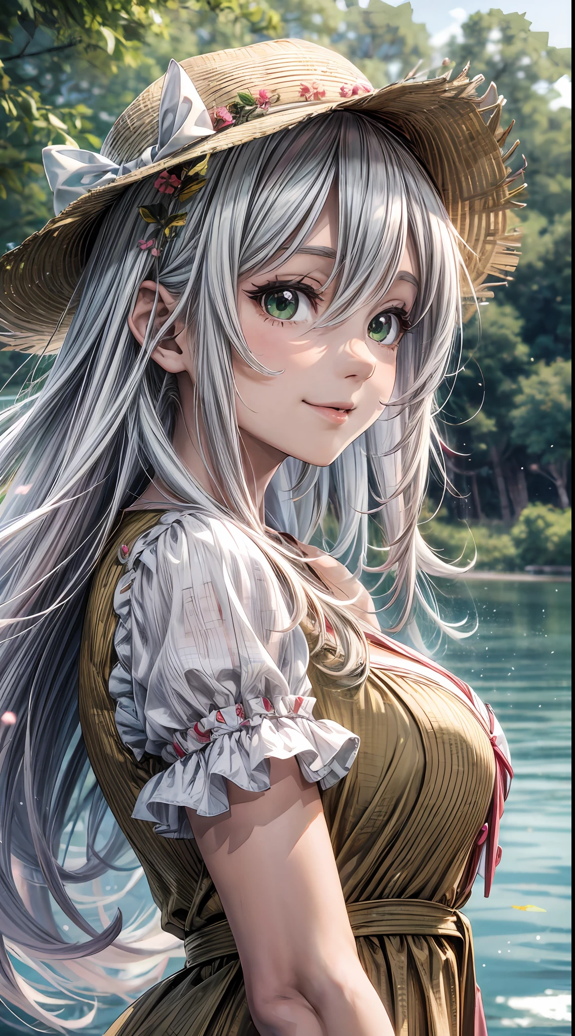 anime style, young woman, beautiful, 1girl, (dreamy big eyes), wearing salmon dress, wearing summer hat, (long white hair), (green eyes), large breasts, smile, lips, in a park, watching fish in a lake, hair floating in the wind, sunlight, cinematic lighting, best qualiy, 8k, high definition, ((better hands)),