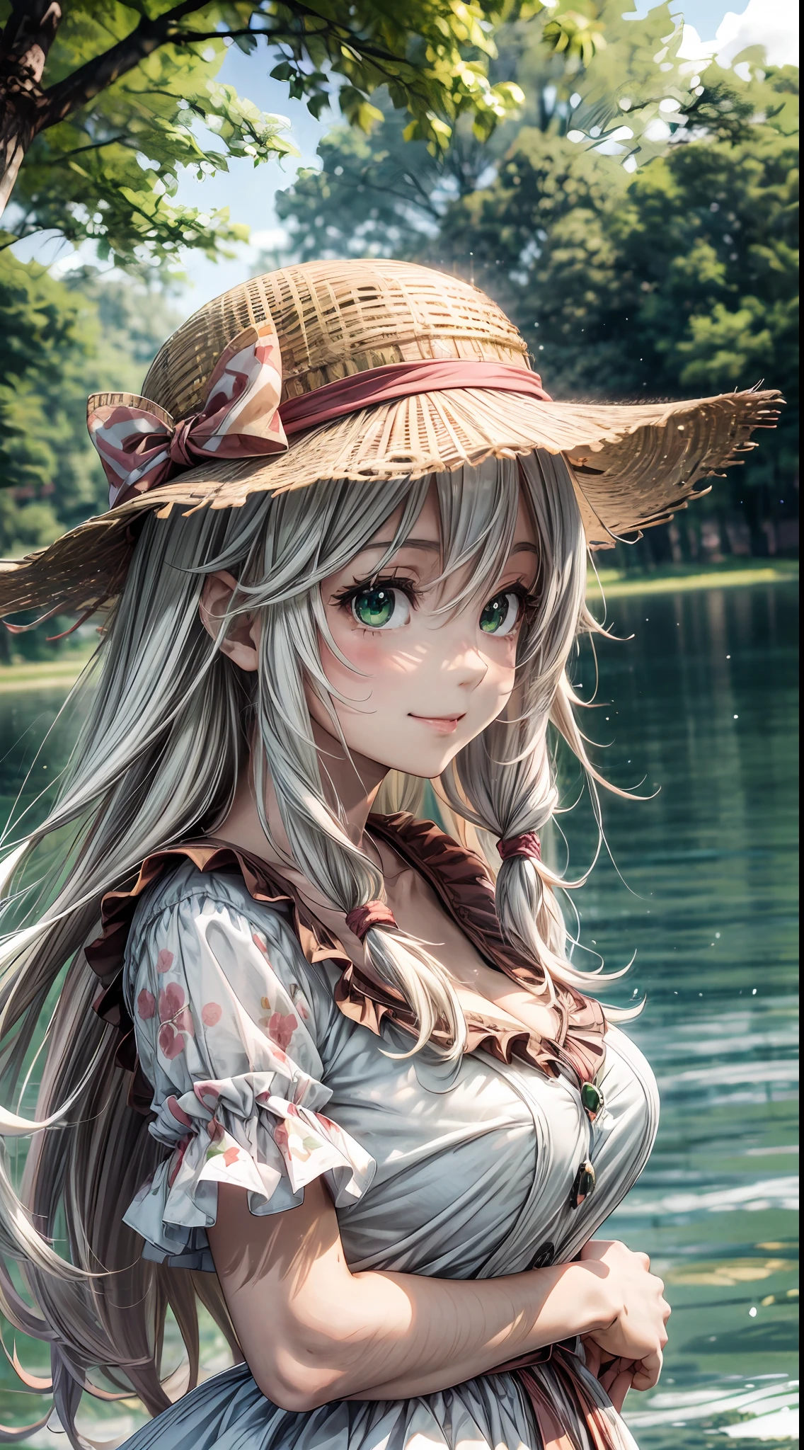 anime style, young woman, beautiful, 1girl, (dreamy big eyes), wearing salmon dress, wearing summer hat, (long white hair), (green eyes), large breasts, smile, lips, in a park, watching fish in a lake, hair floating in the wind, sunlight, cinematic lighting, best qualiy, 8k, high definition, ((ter hands)),