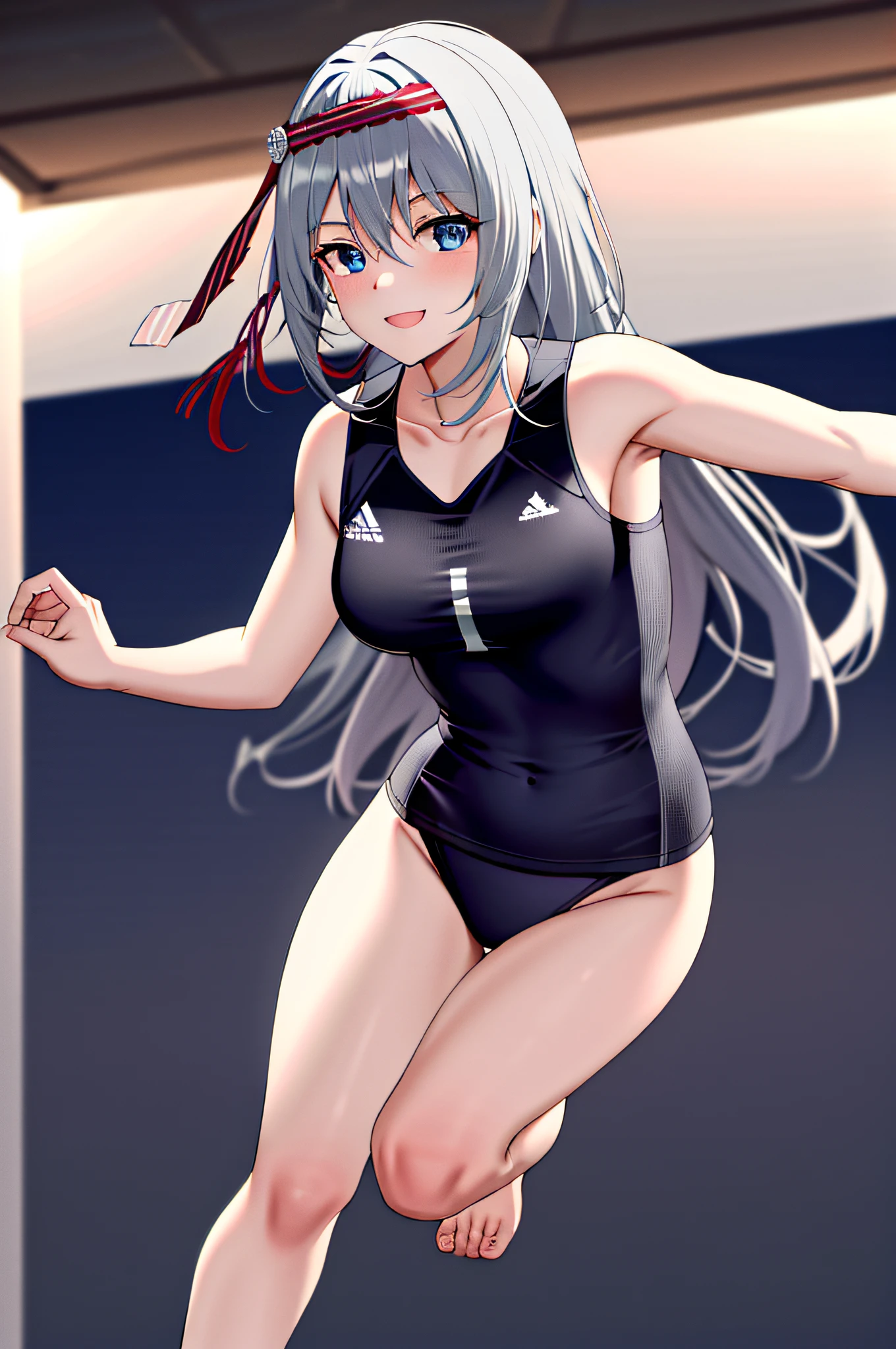 masterpiece, best quality, highres, kei1, 1girl, solo, blue eyes, long hair, (wears a Venezuelan football uniform that is called Vino red), ribbon, bangs, collarbone, gray hair, black hair band, neck ribbon, hair between eyes, medium breasts, cowboy shot, smile, anatomically correct full body, this on a football field, complete escenario detallado