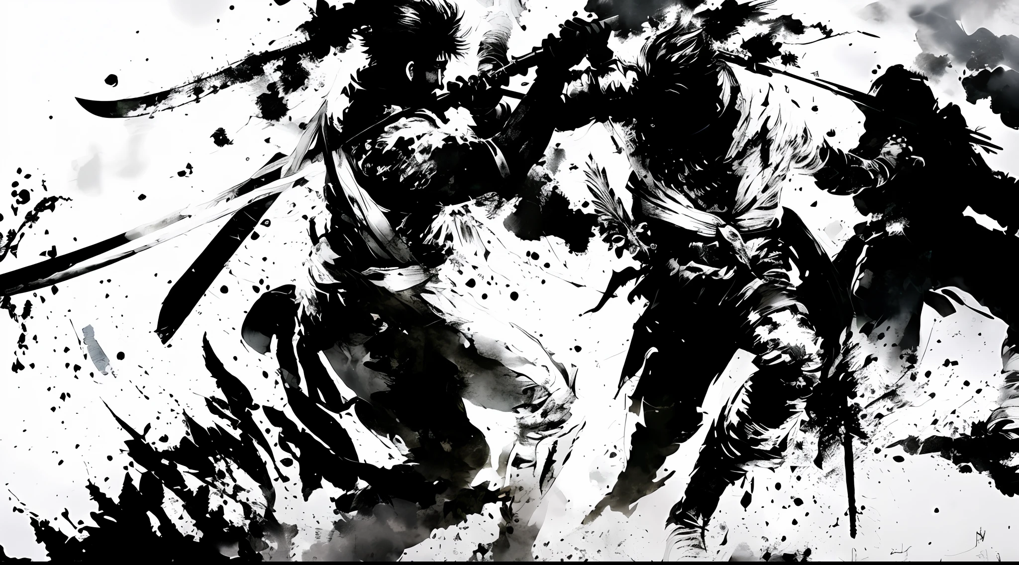arafed image of two people fighting with swords in a field, sumi ink style, benedick bana, black ink painting, sword fight, ink painting, black and white artwork, ink painting ) ) ) ), black and white ink style, in yoji shinkawa's art style, black and white painting, wuxia, by Guan Daosheng
