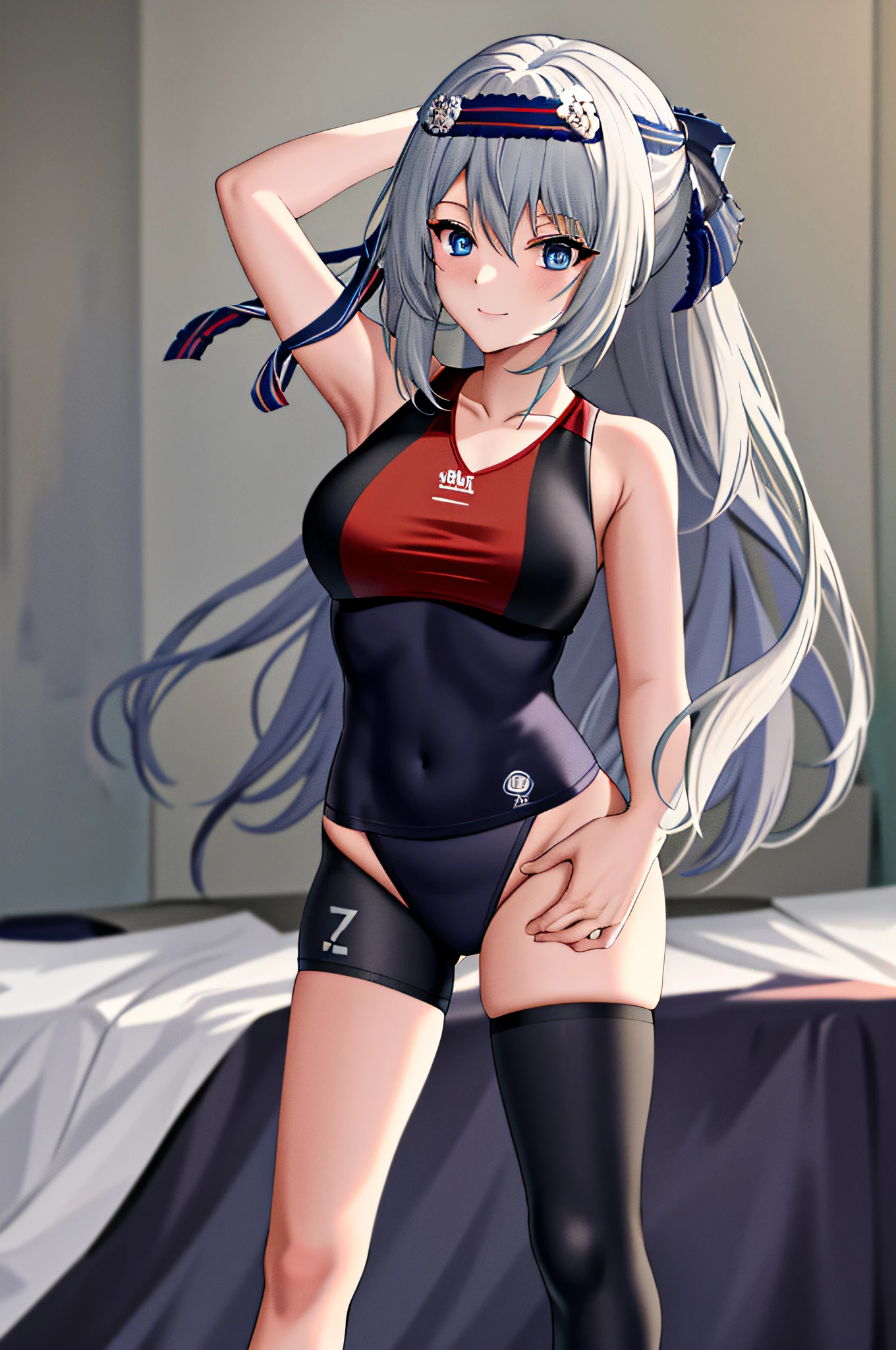 masterpiece, best quality, highres, kei1, 1girl, solo, blue eyes, long hair, (wears a Venezuelan football uniform that is called Vino red), ribbon, bangs, collarbone, gray hair, black hair band, neck ribbon, hair between eyes, , cowboy shot, smile, anatomically correct full body, this on a football field, complete escenario detallado