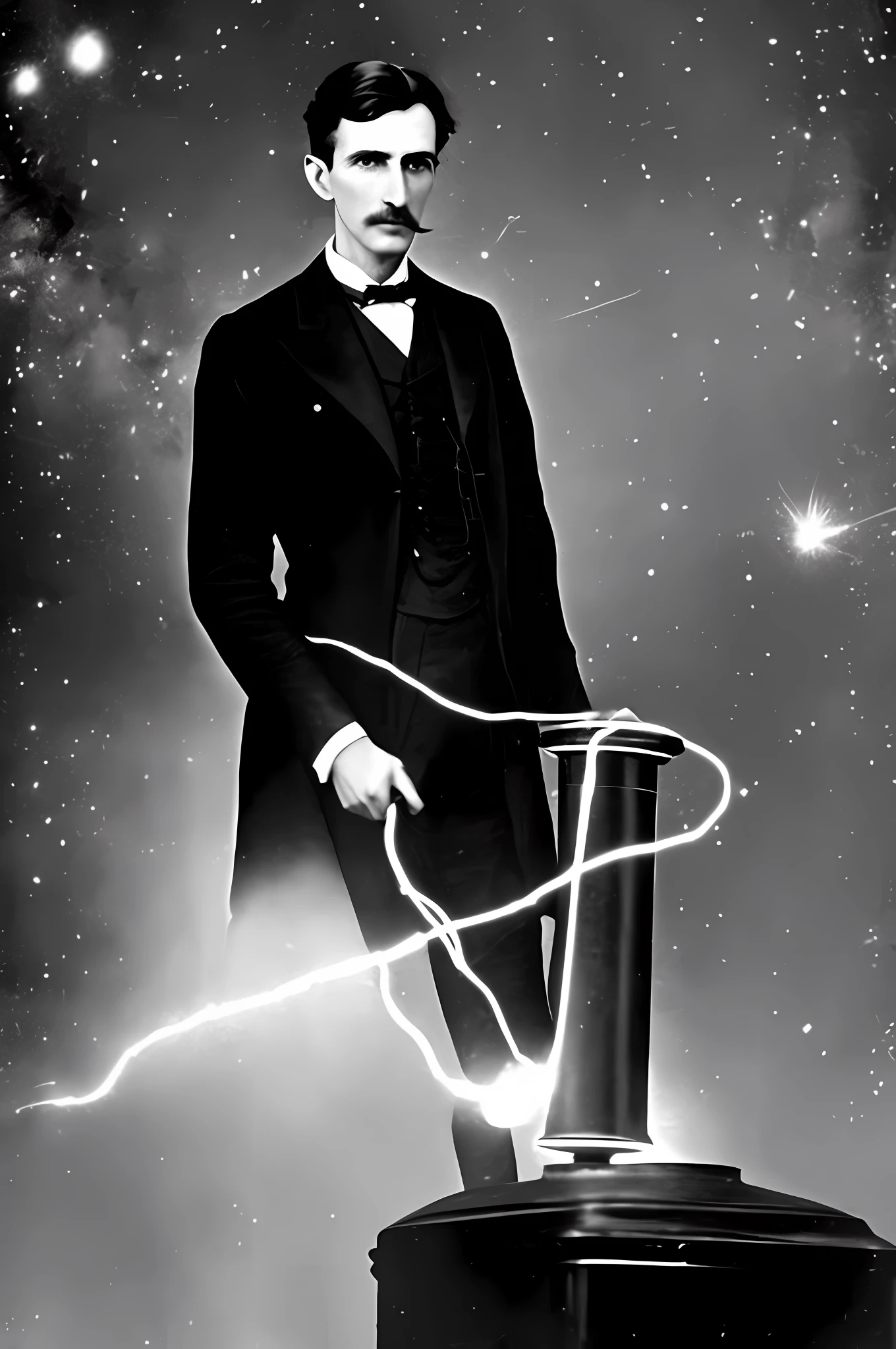 Nikola tesla with his coil in the night sky