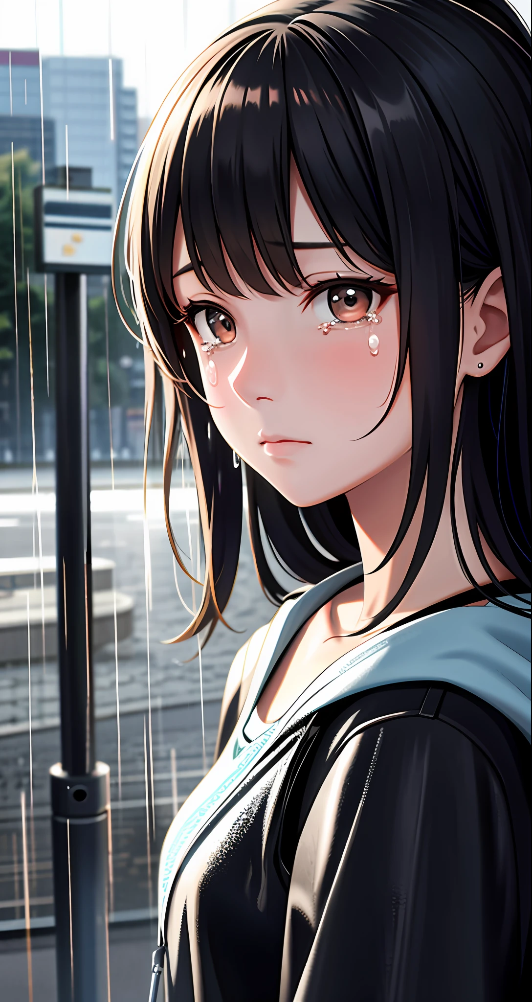 High resolution, very detailed, detailed background, movie lighting, outdoor, cloudy, rain, 1 girl, tears, sad expression