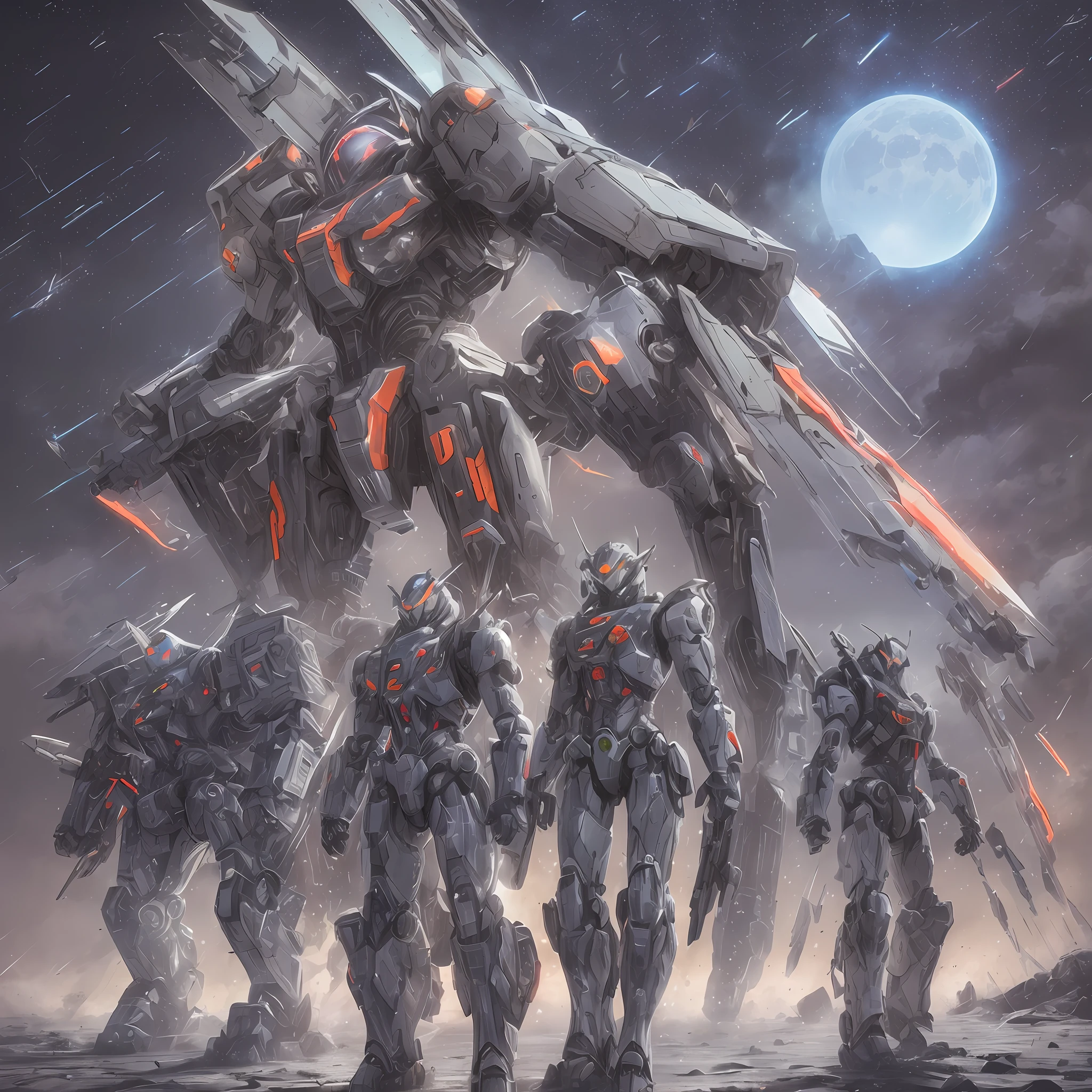 Mecha, (cold + cold tone), sense of technology, (lunar crater + sense of environment), (war + explosion + light and shadow + bullet rain: 1.2 + night scene), (silver mech + red mech + blue mech: 1.3) --auto --s2