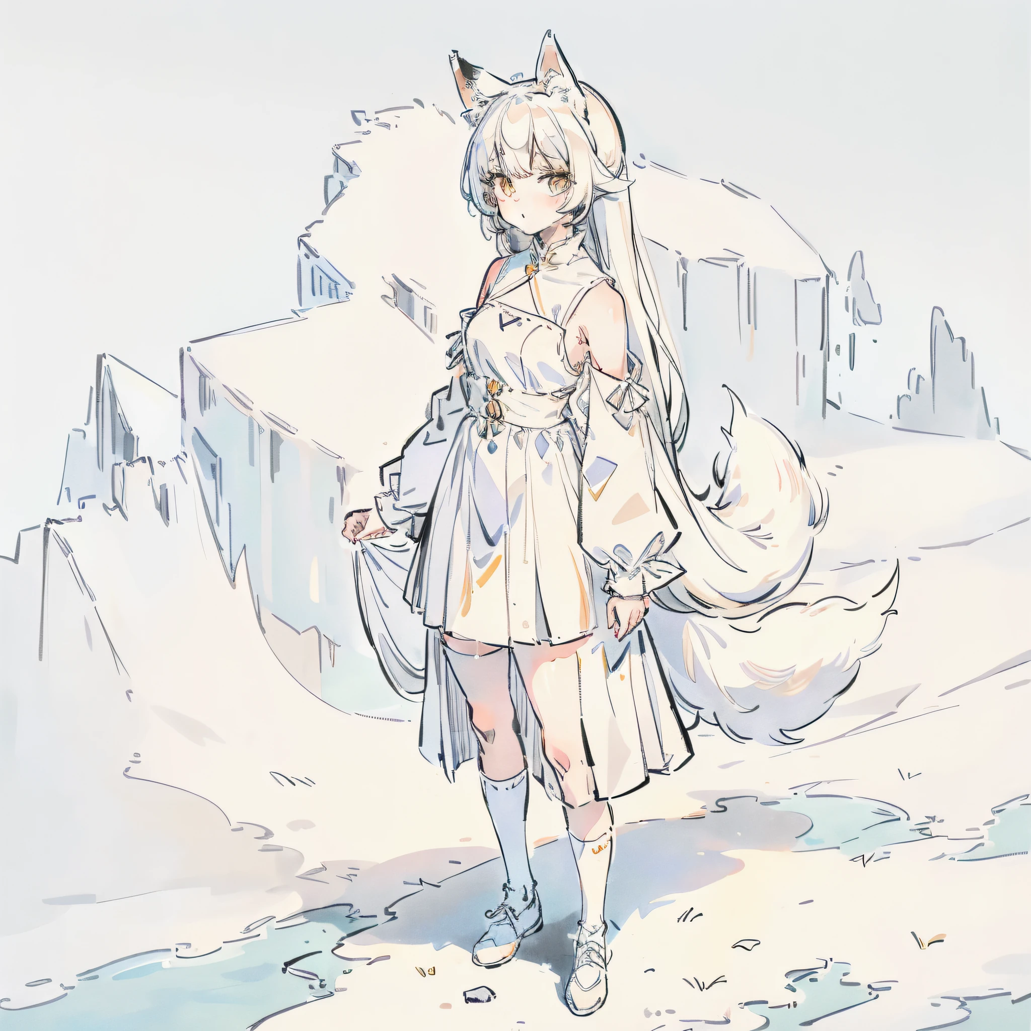 (Moe Moe: 1.2), (Cute: 1.5), (White dress: 1.2), (White knee socks), (Girl: 1.2)|(Loli: 1.2), (Flat-chested), (White Fox Ears, White Foxtail: 1.4)
