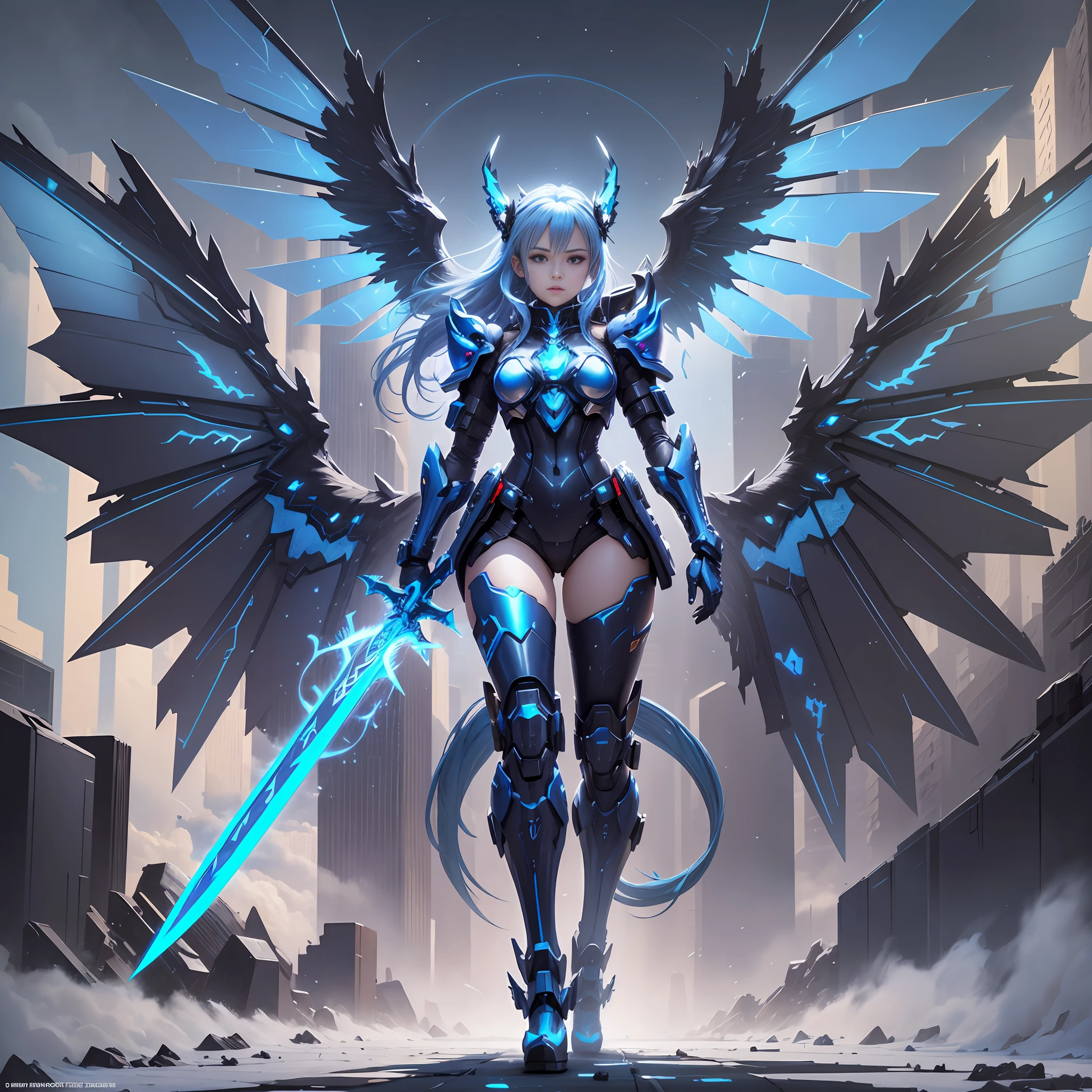 Full body, high mobility six-winged angel blue mech, blue eyes, dragon horn, modern, chiaroscuro, single, cyberpunk, cold weapon holding a long sword, wandering samurai, tail, angel knight girl, mechanized Valkyrie girl, best anime 4k konachan wallpaper, cyberpunk anime girl mecha --auto --s2