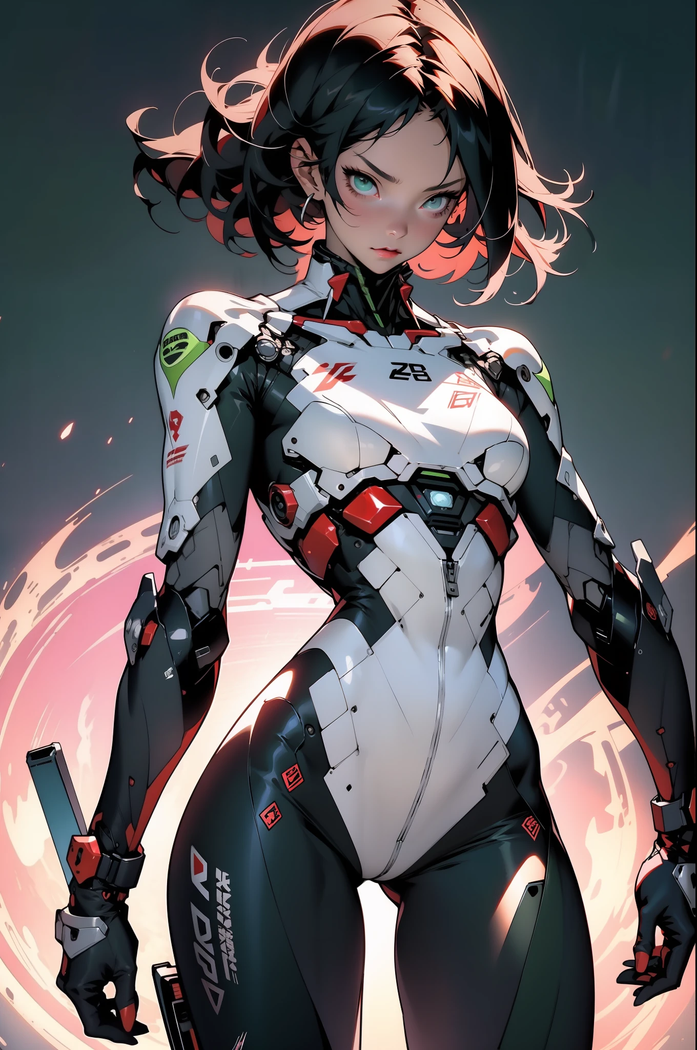 ((Best quality)), ((masterpiece)), (detailed: 1.4), (Absurd), Caucasian woman fighter pilot ready for war, perfect body, Lara Croft, defined muscles, varied colors, half thick naked thighs, closed mouth, only in panties, muscular body covered by technological clothing, Neon Genesis Evangelion style, cyberpunk, generous neckline, ((perfect large breasts)), (green eyes), (((short straight hair))), (thin stripes covering breasts), (Yakuza tattoo on the arms), short underwear, garter belt, by mucha, niji --V5, close to real, psychopathic, crazy face, sexy pose, background with a giant Gundam-style robot head, 2 piece clothing, pointed shoulder pads, pastel, centered, scale to fit dimensions, HDR (High Dynamic Range),Ray Tracing,NVIDIA RTX,Super-Resolution,Unreal 5,Subsurface dispersion, PBR Texture, Post-processing, Anisotropic filtering, Depth of field, Maximum clarity and sharpness, Multilayer textures, Albedo and specular maps, Surface shading, Accurate simulation of light-material interaction, Perfect proportions, Octane Render, Two-tone lighting, Wide aperture, Low ISO, White balance, Rule of thirds, 8K RAW