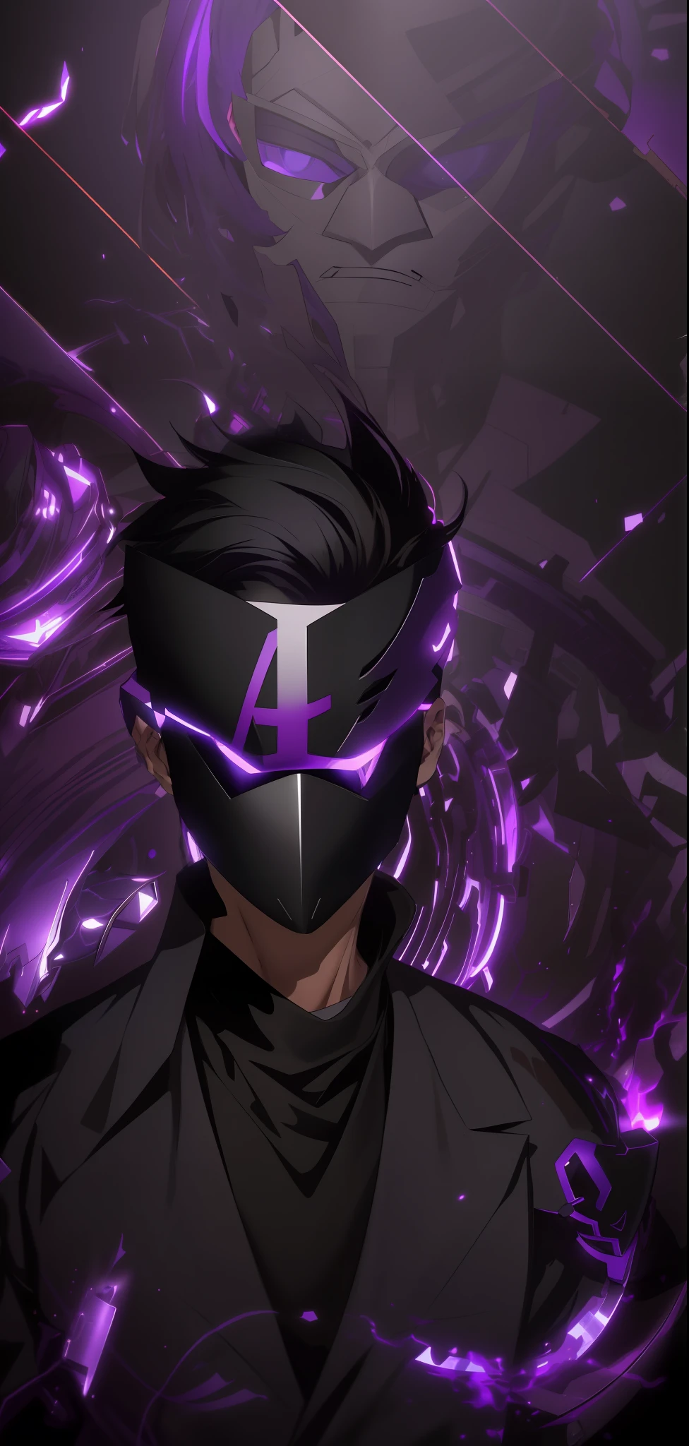 A young man with short black hair with a mask covering his entire face, on the mask there is a purple L, ( ( ( mask ) ), broken mask, vega mask, light face [[bronze]] [mask], unsharpened mask, unknown art style, anime style. 8k, broken visor, mask is broken, dark background, shadow world background, purple, purple L