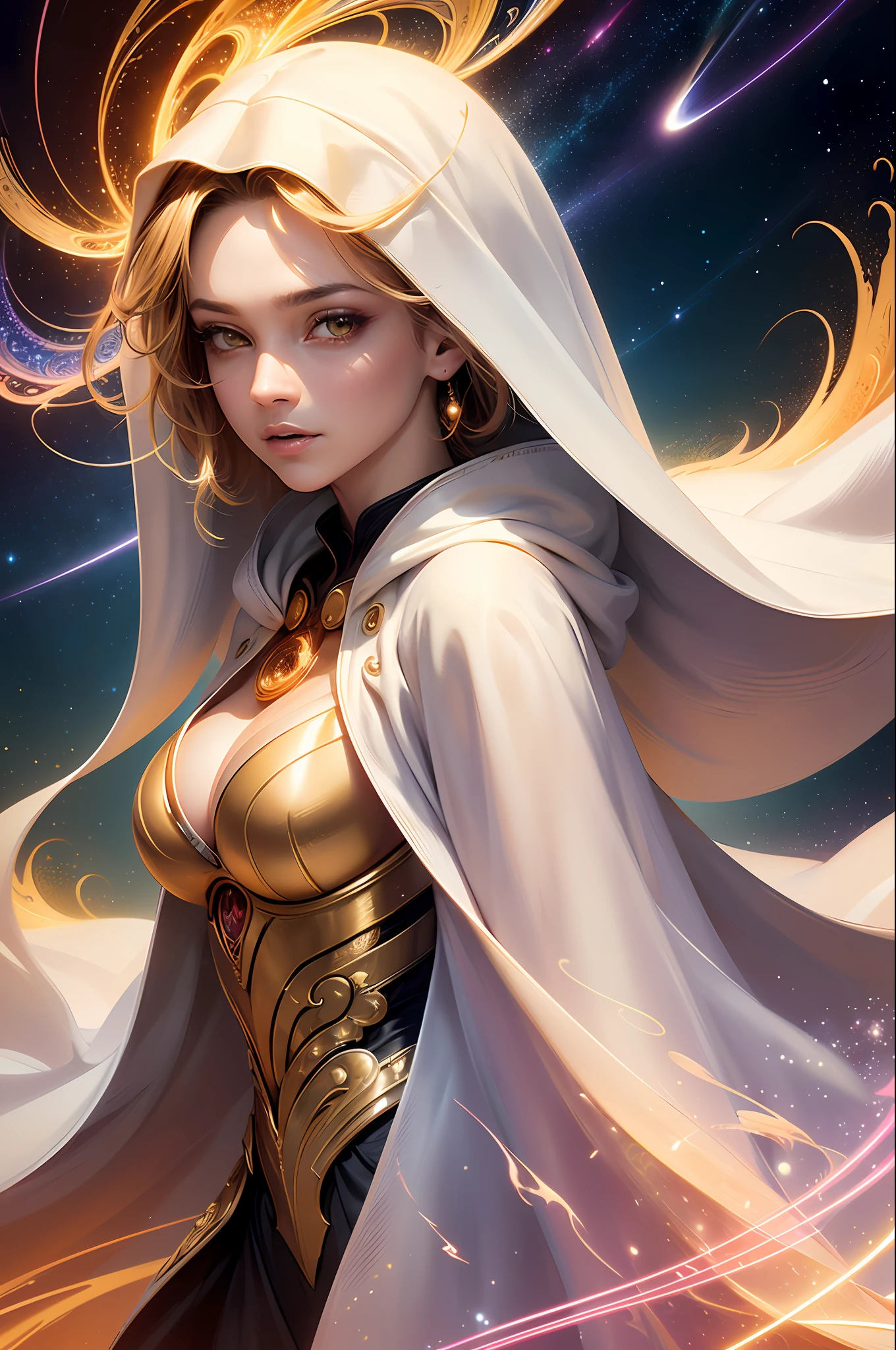 (masterpiece, top quality, best quality, official art, beautiful and aesthetic:1.2), (1girl), extreme detailed eyes, (fractal art:1.3), colorful, highest detailed, (perfect face), shiny skin, HDR, (white cloak golden lines:1.2), galaxy, (light streaks), striking visuals, (dynamic streaks, luminous trails:1.2), vibrant colors, (phoenix), (dragon)