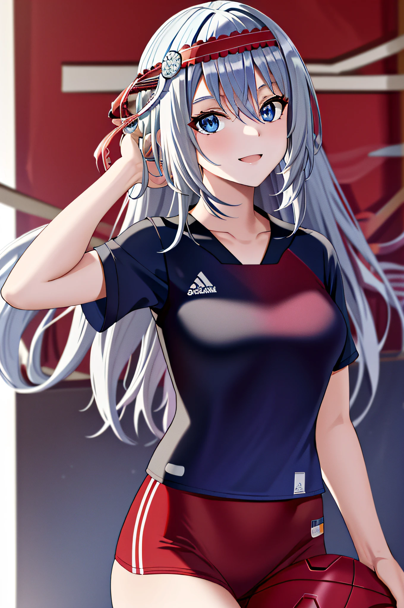 masterpiece, best quality, highres, kei1, 1girl, solo, blue eyes, long hair, (wears a Venezuelan football uniform that is called red Vino), ribbon, bangs, collarbone, gray hair, black hair band, neck ribbon, hair between eyes, medium breasts, cowboy shot, smile