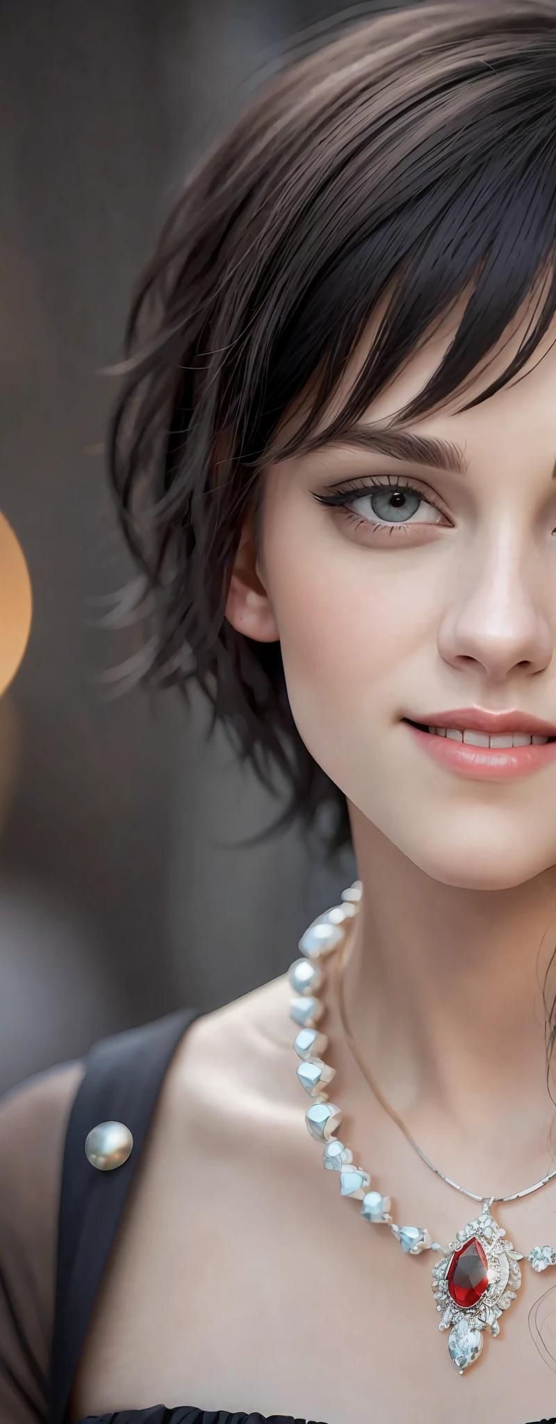 Best quality, masterpiece, high_res, kristen Stewart, hair decoration, necklace, jewelry, beautiful detailed face, gray eyes, red full lips, big smile, face makeup, black hair, 
Short Hair, International Fashion, High Wear, Full Body Cover, Tight Dress, Full Body Detailed, Europe Effect, Multiplicity, Realistic Photos, Edge Lighting, Two-Tone Lighting, (High Detail Skin: 1.2), 8K UHD, DSLR, Soft Lighting, High Quality, Volumetric Lighting, Candid, Photography, High Resolution, 4K, 8K, Bokeh, Ridiculous,