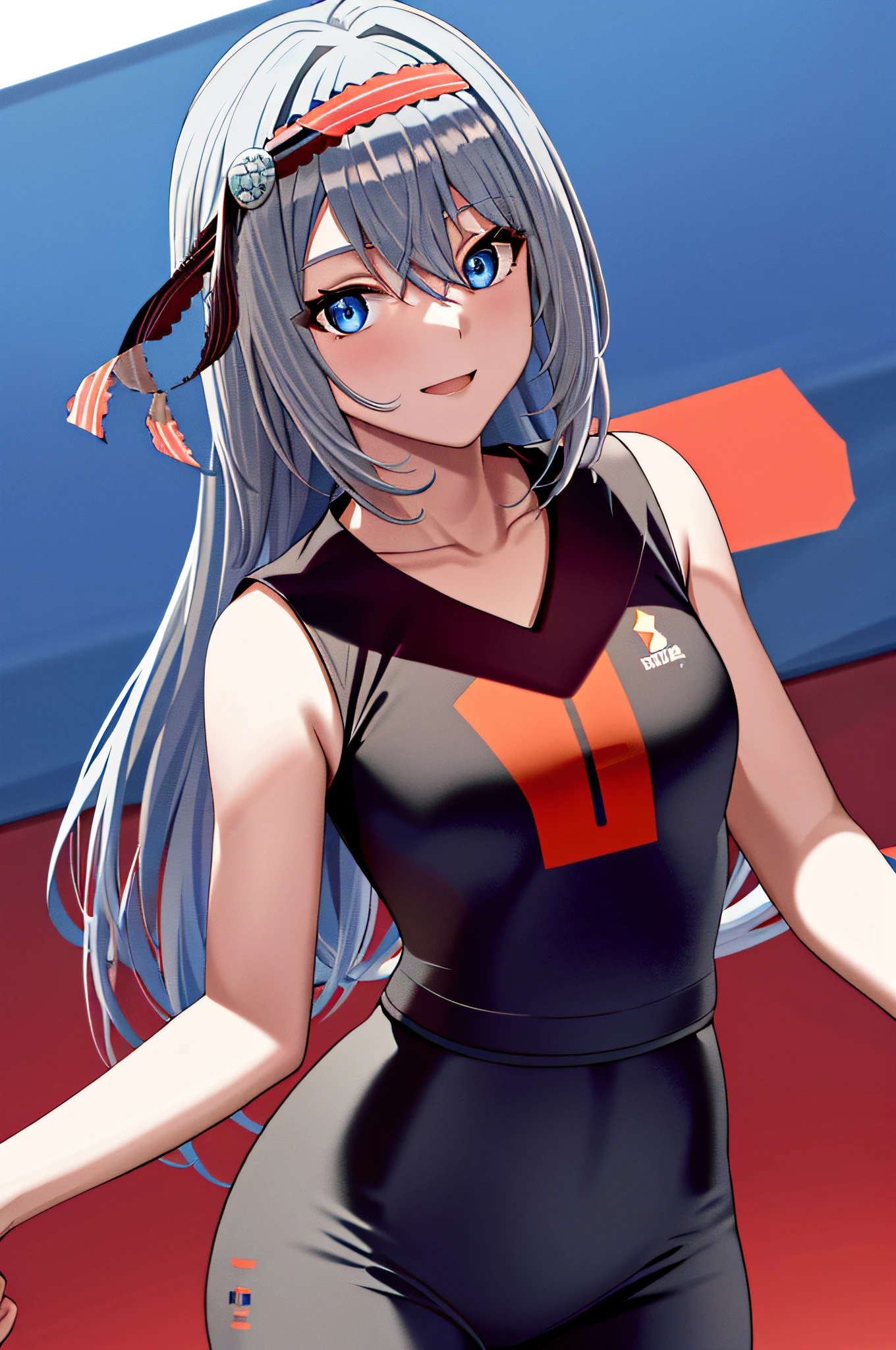 masterpiece, best quality, highres, kei1, 1girl, solo, blue eyes, long hair, (wears a Venezuelan football uniform that is called red Vino), ribbon, bangs, collarbone, gray hair, black hair band, neck ribbon, hair between eyes, medium breasts, cowboy shot, smile