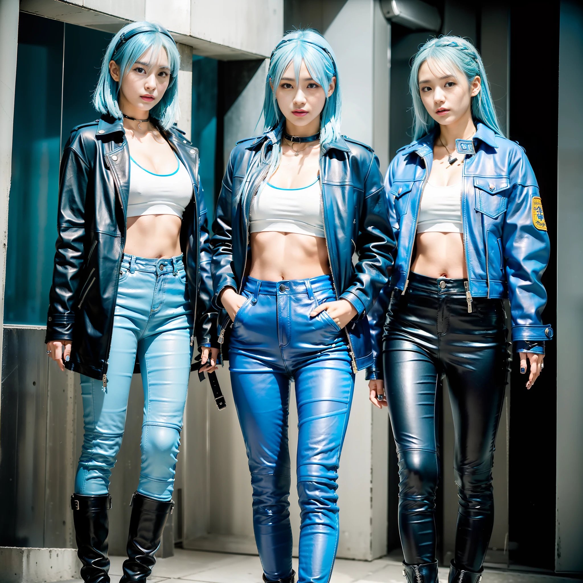 ((((7+girls)))), ((All Light Blue Leather Fashion))))), (Masterpiece)))), (Highest quality))))(16K)))), (Detailed description)))), (High contrast)))))), (Japan people), ())), 18 years old, ( Boyish)))), ((Erotic)))), ((Wild)), (Super big breasts))))), (Camera gaze), (Full body)), ((Light blue hair))))), ((Riders Jacket)))), (Leather pants))), (Leather boots)))), (((((Standing))))), ((Professional Lighting))))), (Natural Light), (Tokyo)