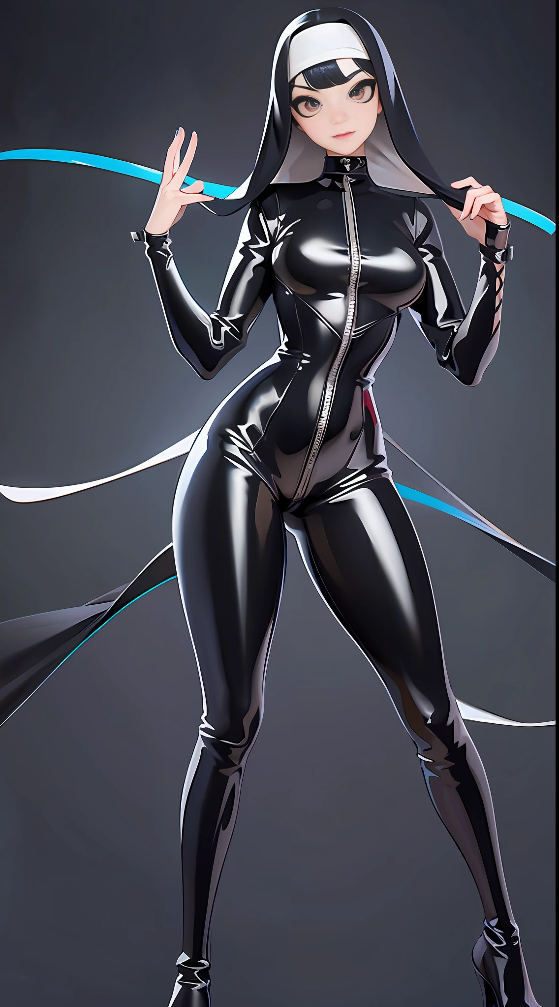 full body picture Unreal Engine 5 8K UHD of beautiful female, nun, black tight latex catsuit with nun outfit, beautiful make up, best quality, masterpiece