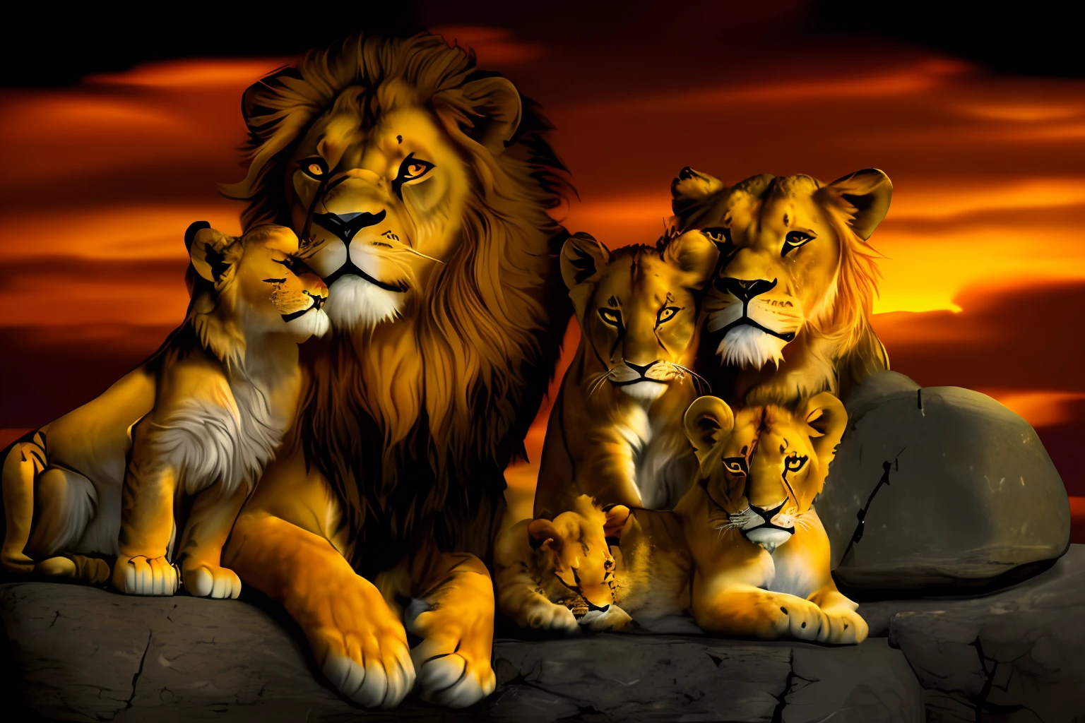 (((Black background)))), (((lying on top of the stone)))), family of lions with cubs on the rock in front of sunset, lions, family portrait, lioness, the lion king, family photo, happy family, wild animals, wildlife photo, amazing art, detailed cute animals, proud look, profile photo, by Teresa Fasolino, high image quality, acclaimed masterpiece, king of the jungle, amazing art, majestic!!! Beautiful!!!, Aslan the Lion