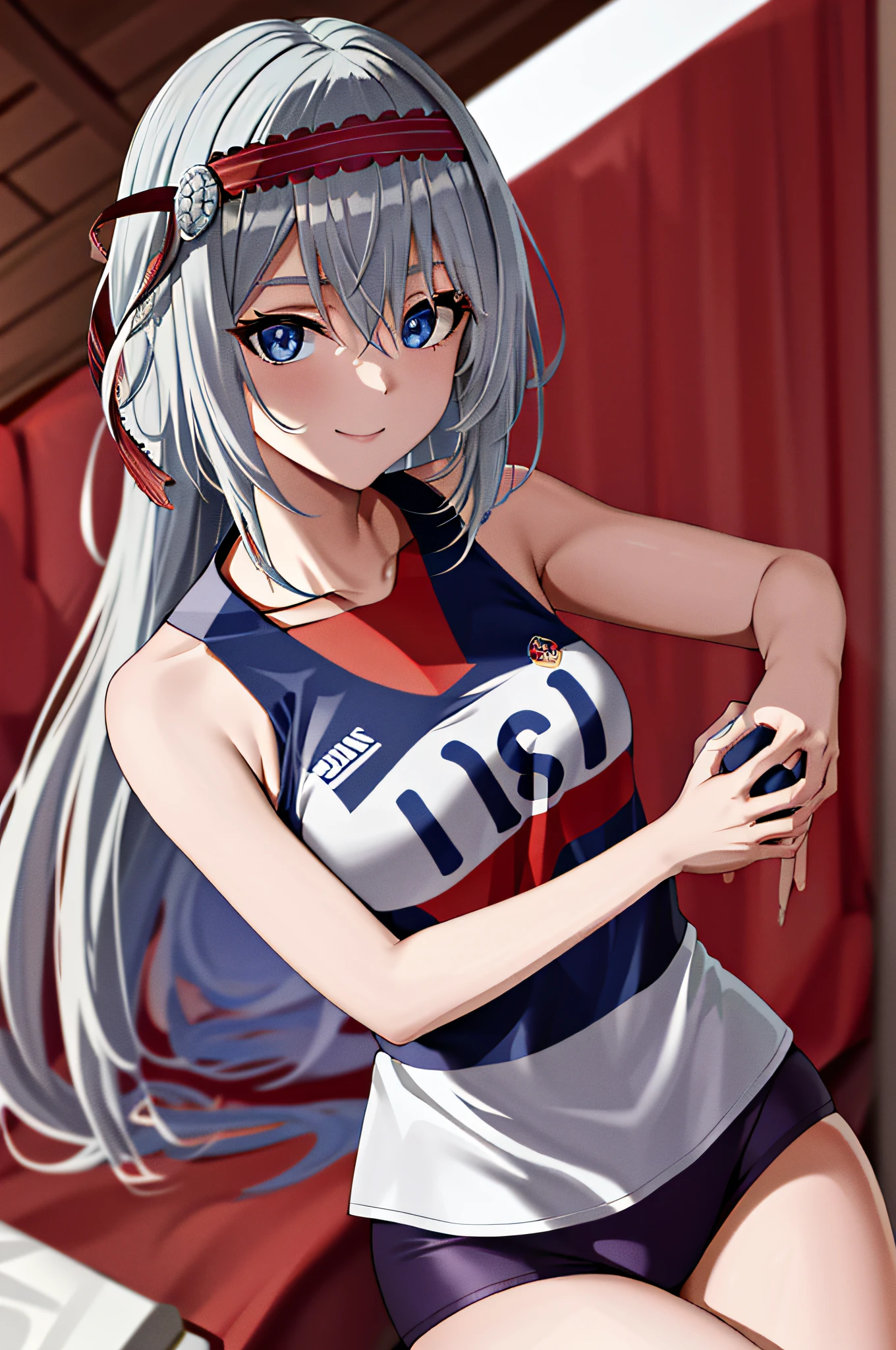 masterpiece, best quality, highres, kei1, 1girl, solo, blue eyes, long hair, (wears a Venezuelan football uniform that is called red Vino), ribbon, bangs, collarbone, gray hair, black hair band, neck ribbon, hair between eyes, medium breasts, cowboy shot, smile